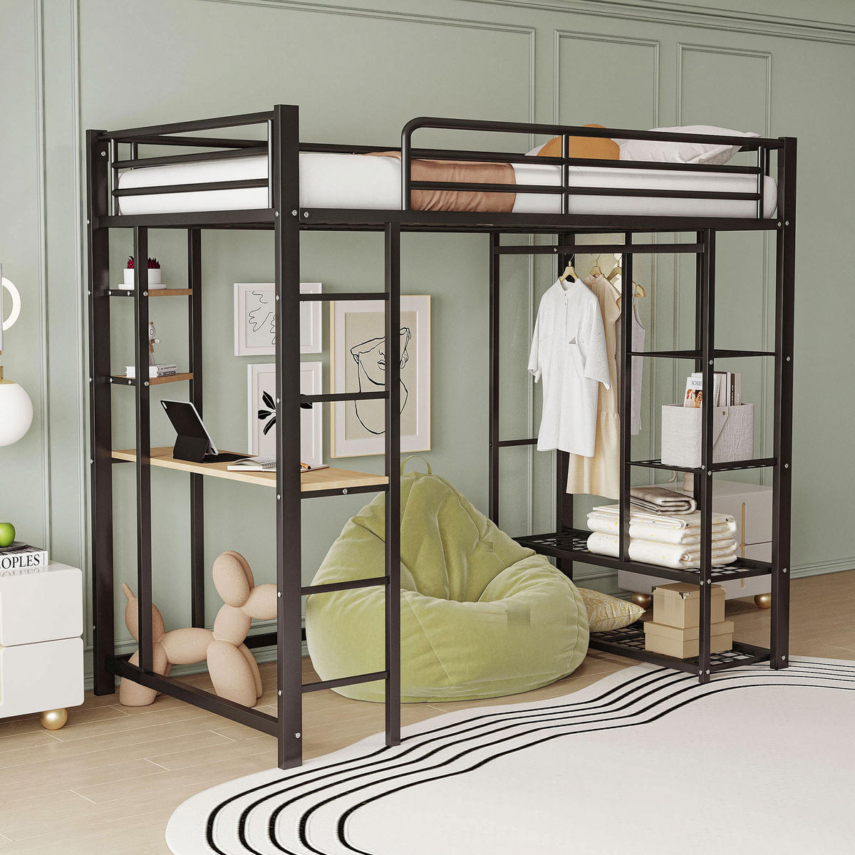 HOCHBETT mit Schreibtisch, Regalen und Stauraum - Schwarz, Holzwerkstoff/Metall - Urban Meuble