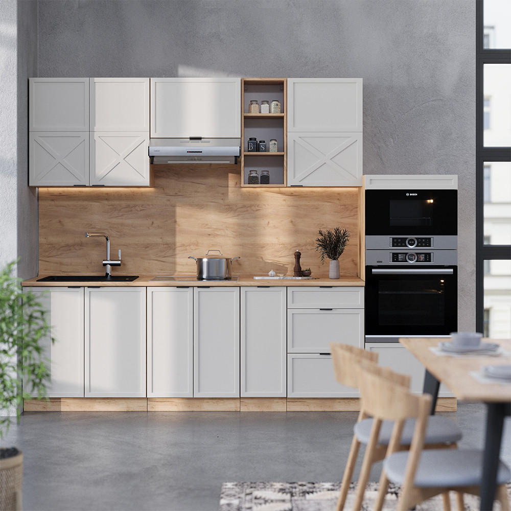 KÜCHENZEILE Fame-Line GrauBeige/Goldkraft Eiche 280 cm ohne AP - Honigeiche/Grau, Holzwerkstoff (280/81.6/46cm) - Vicco