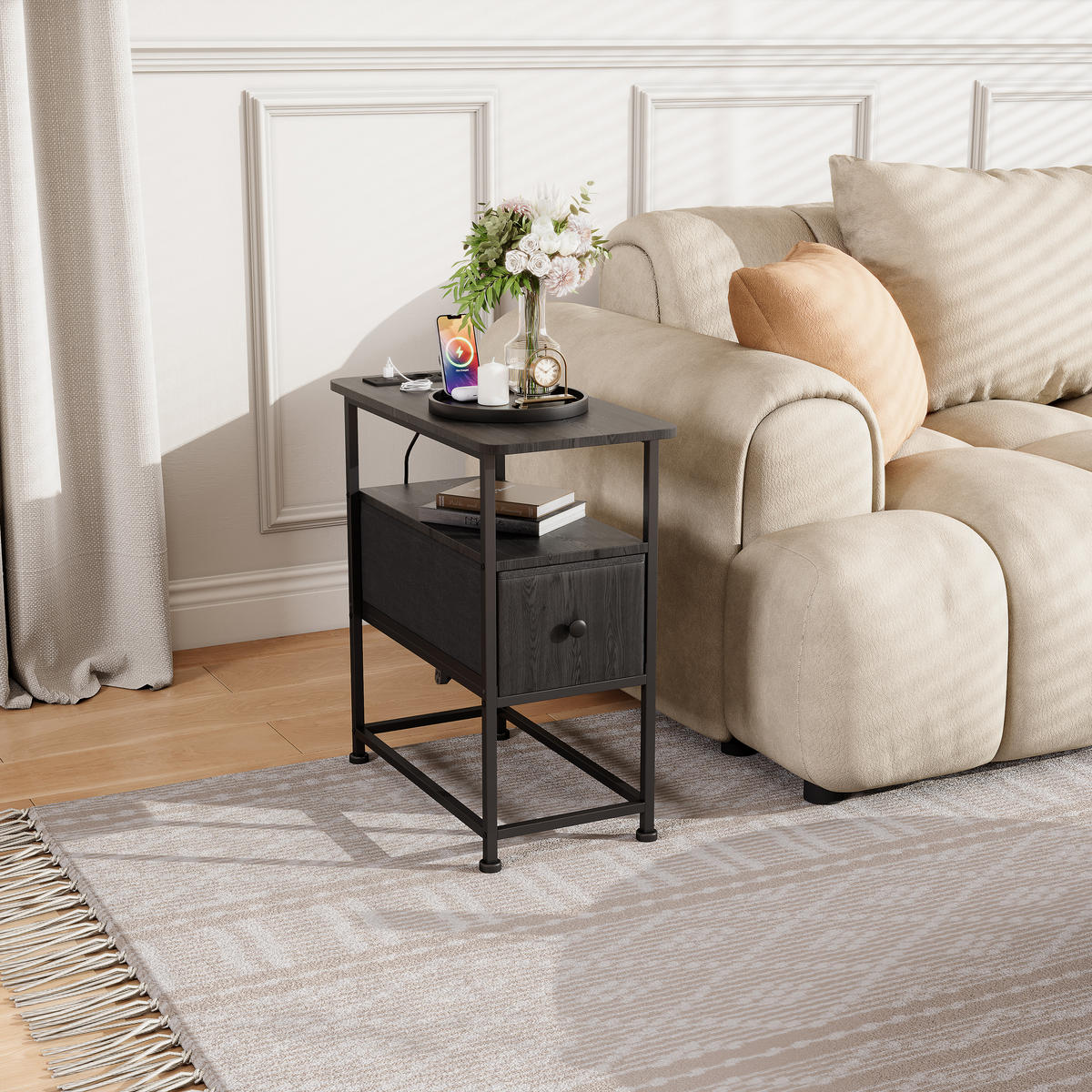 NACHTTISCH LED USB Schublade offene Fächer schwarz - Schwarz, Holz (60/62/30cm) - LEBENLANG