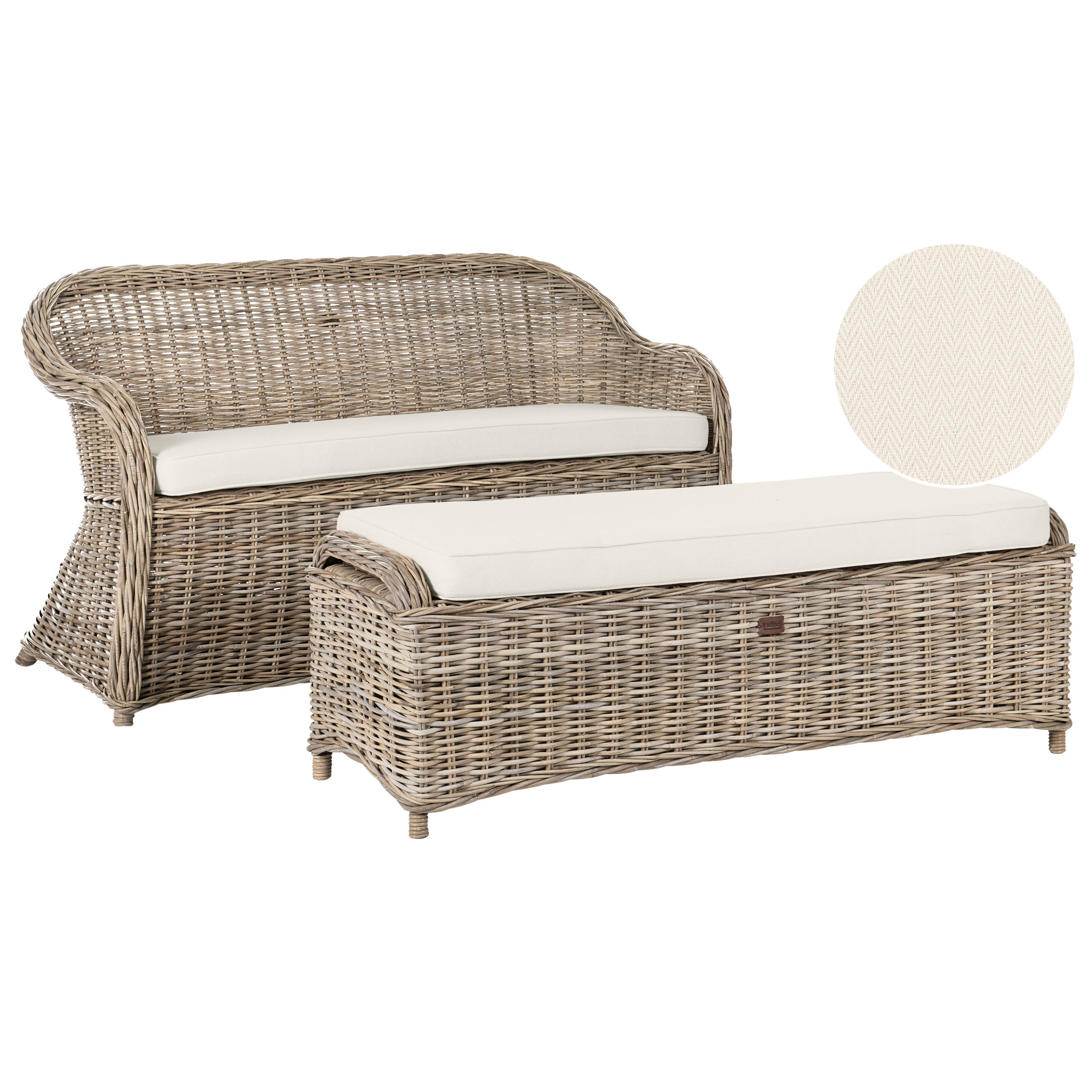 GARTENSOFA 2.5-Sitzer mit Ottomane Naturfarben Susua - Naturfarben/Weiß, Naturmaterialien (150/87/69cm) - Beliani