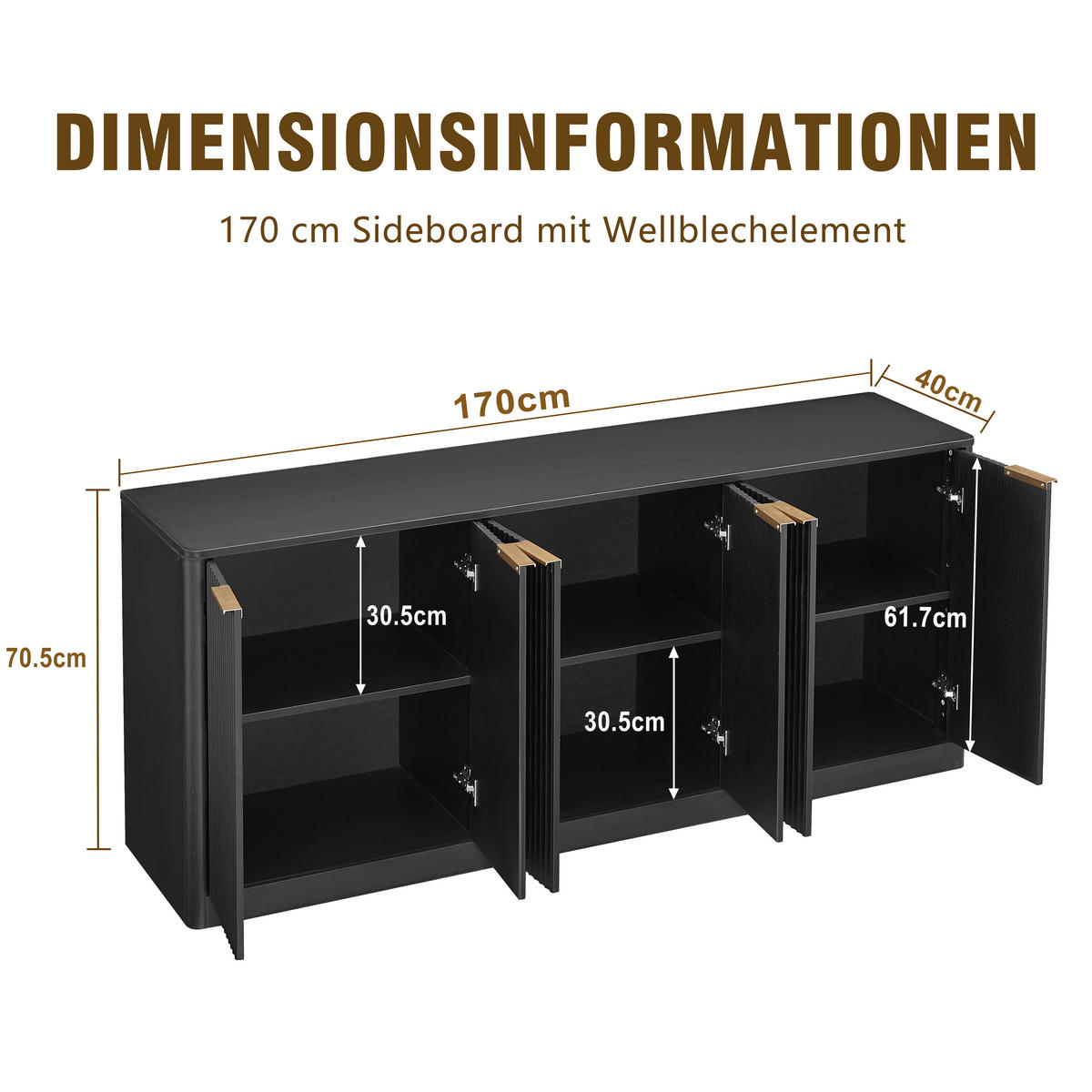 KOMODA černá a vzhled dřeva 170 cm s vlnitým designem a 6 dvířky - černá, kompozitní dřevo (170/70.5/40cm) - Urban Meuble