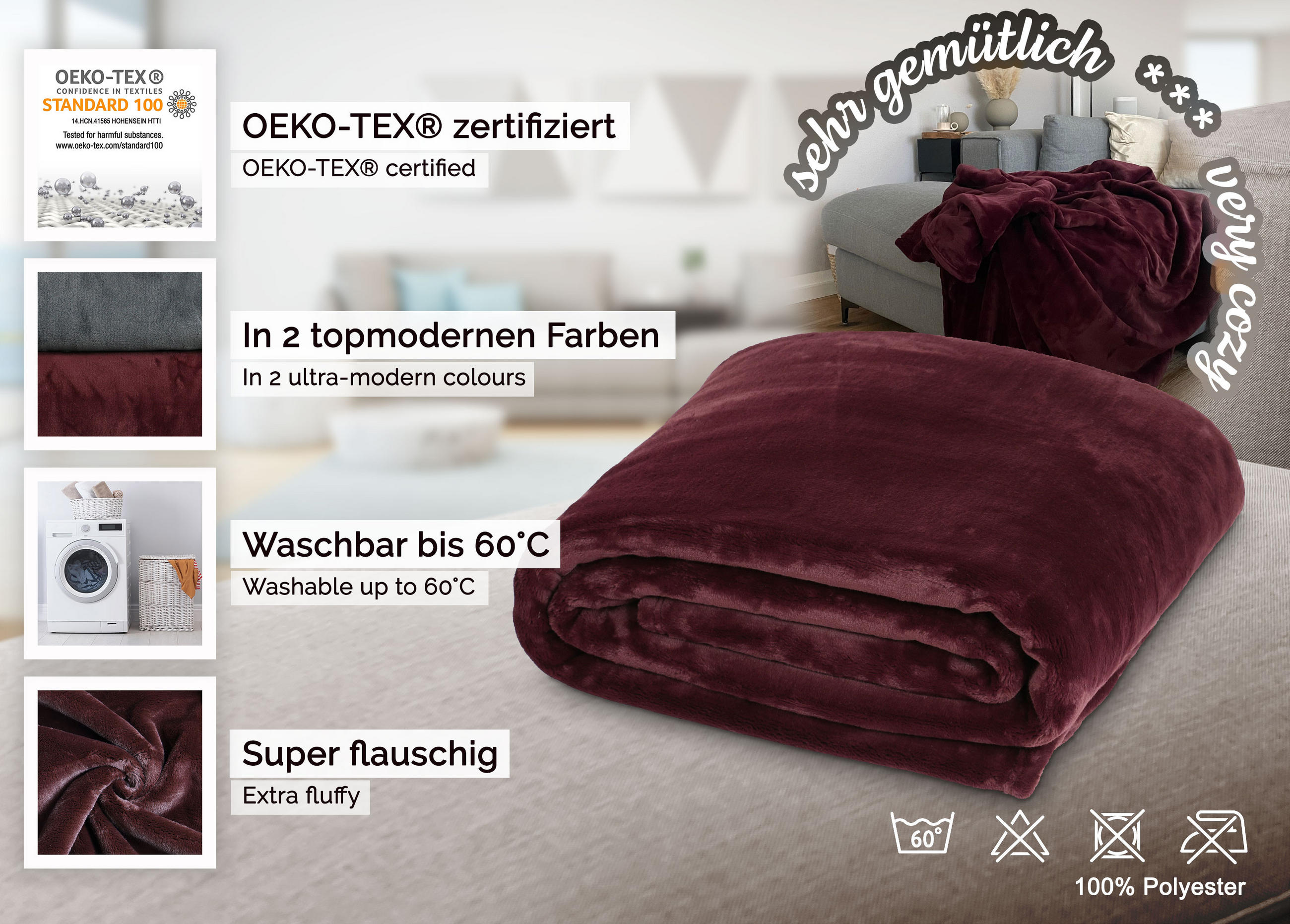 KUSCHELDECKE, 150x200 cm, 100% Polyester, Rot - Bordeaux, Textil (150/200cm) - Zollner