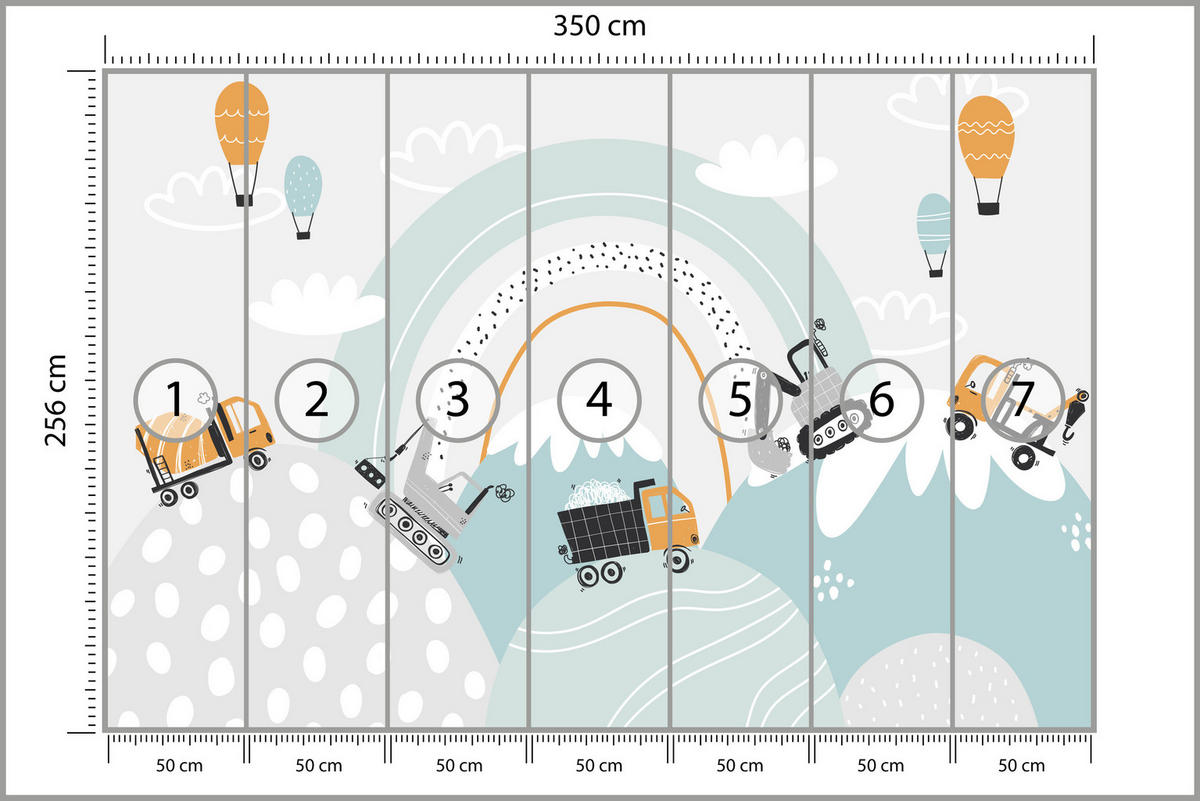 FOTOTAPETE für Kinderzimmer Baumaschinen Regenbogen Hügel Wolken 350x256 - Blau/Schwarz, Papier (350/256cm) - Muralo