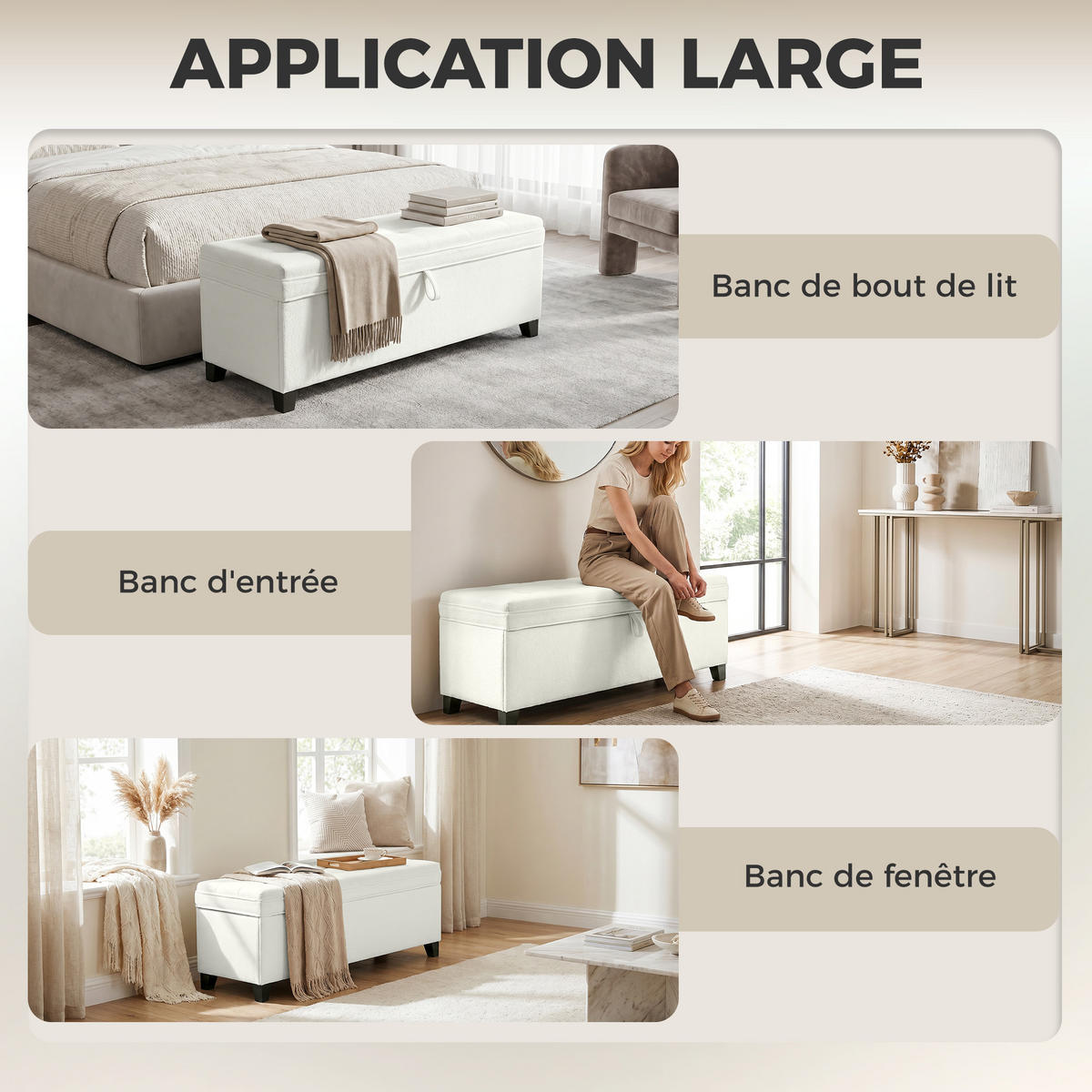TRUHENBANK DE-16427 mit großem Stauraum (112 L) und Knopfheftung Creme - Weiß, Textil (120/48/40cm) - ComfortXL