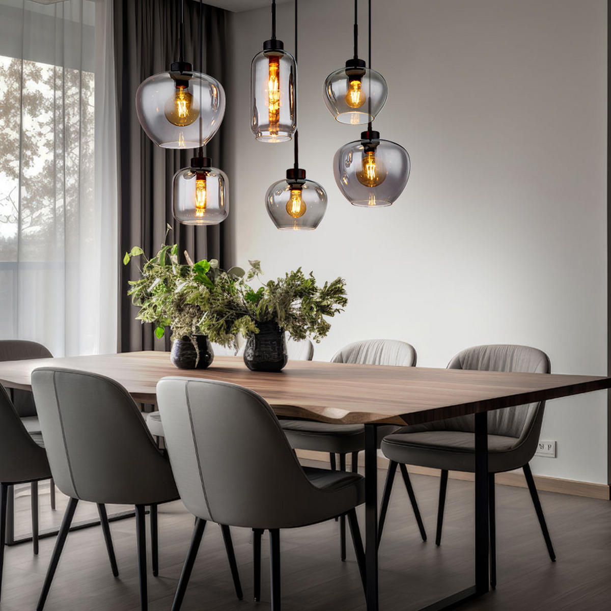 PENDELLEUCHTE Metall Glas Rauchfarbe Schwarz-matt 6-flammig - Grau, Glas (87/43/120cm) - Globo Lighting