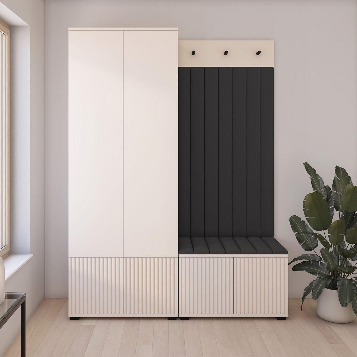 GARDEROBE Ritmo version 1 mit POLSTERPANEELEN SCHWARZ - Beige/Schwarz, Holzwerkstoff (140/185/40cm) - Jerpax
