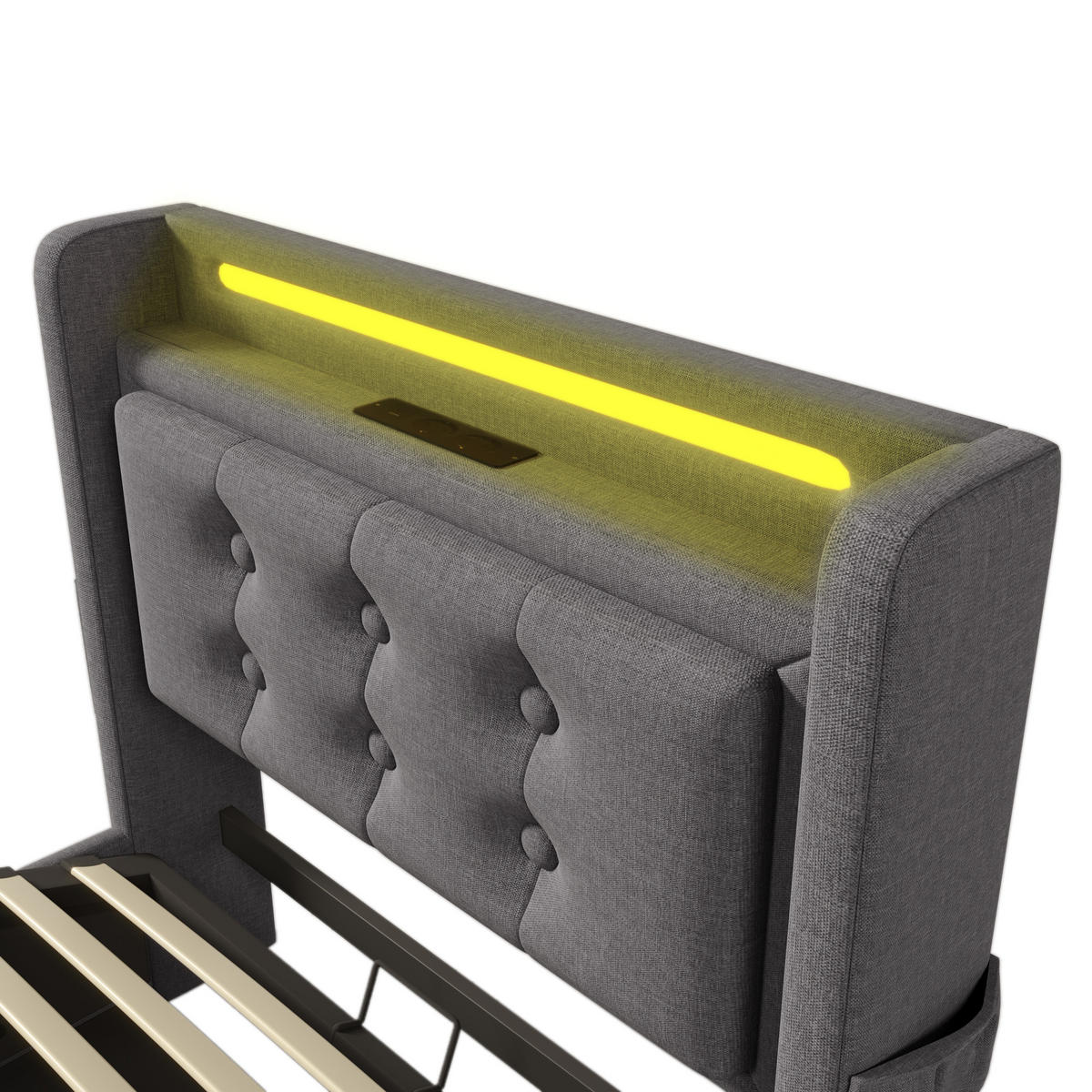 POLSTERBETT aus Baumwoll-Leinen 90x200 cm in Grau mit LED & USB-C - Grau, Textil (90/200cm) - Modfu