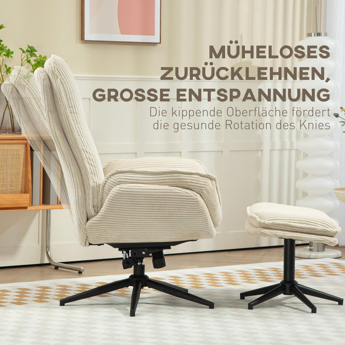 RELAXSESSEL mit Hocker 360°Drehbarer Fernsehsessel mit Liegefunktion, Cord Beige - Beige, Textil (72/107/83cm) - HOMCOM