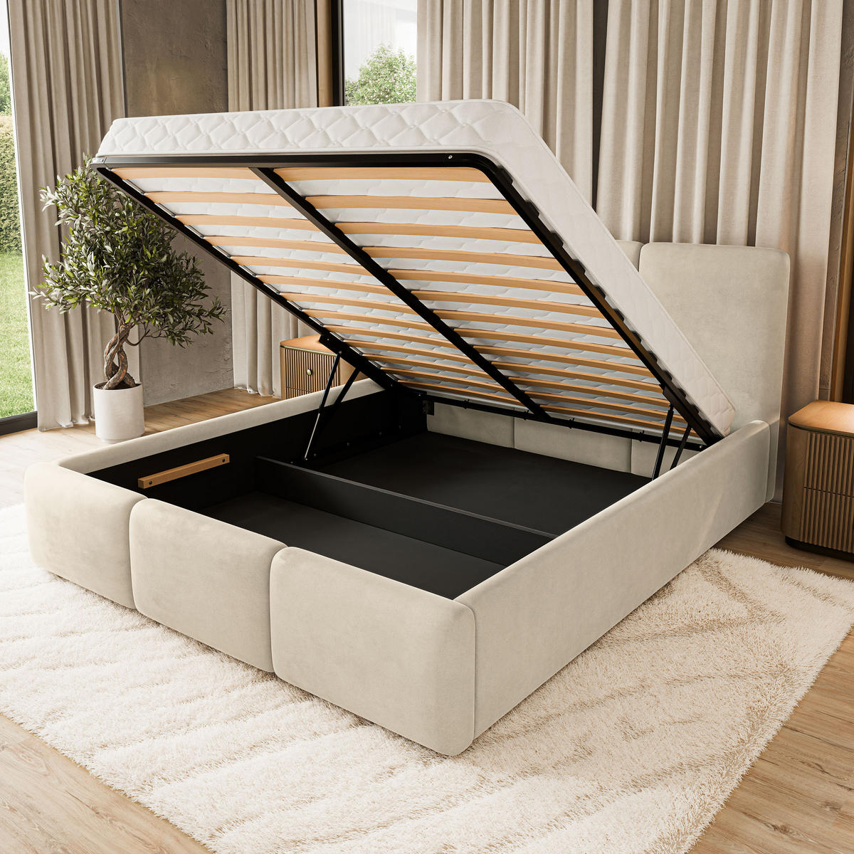 POLSTERBETT MORENA MGV 180x200 cm mit Bettkästen - Beige - Beige, Holz (180/200cm) - MASSENO
