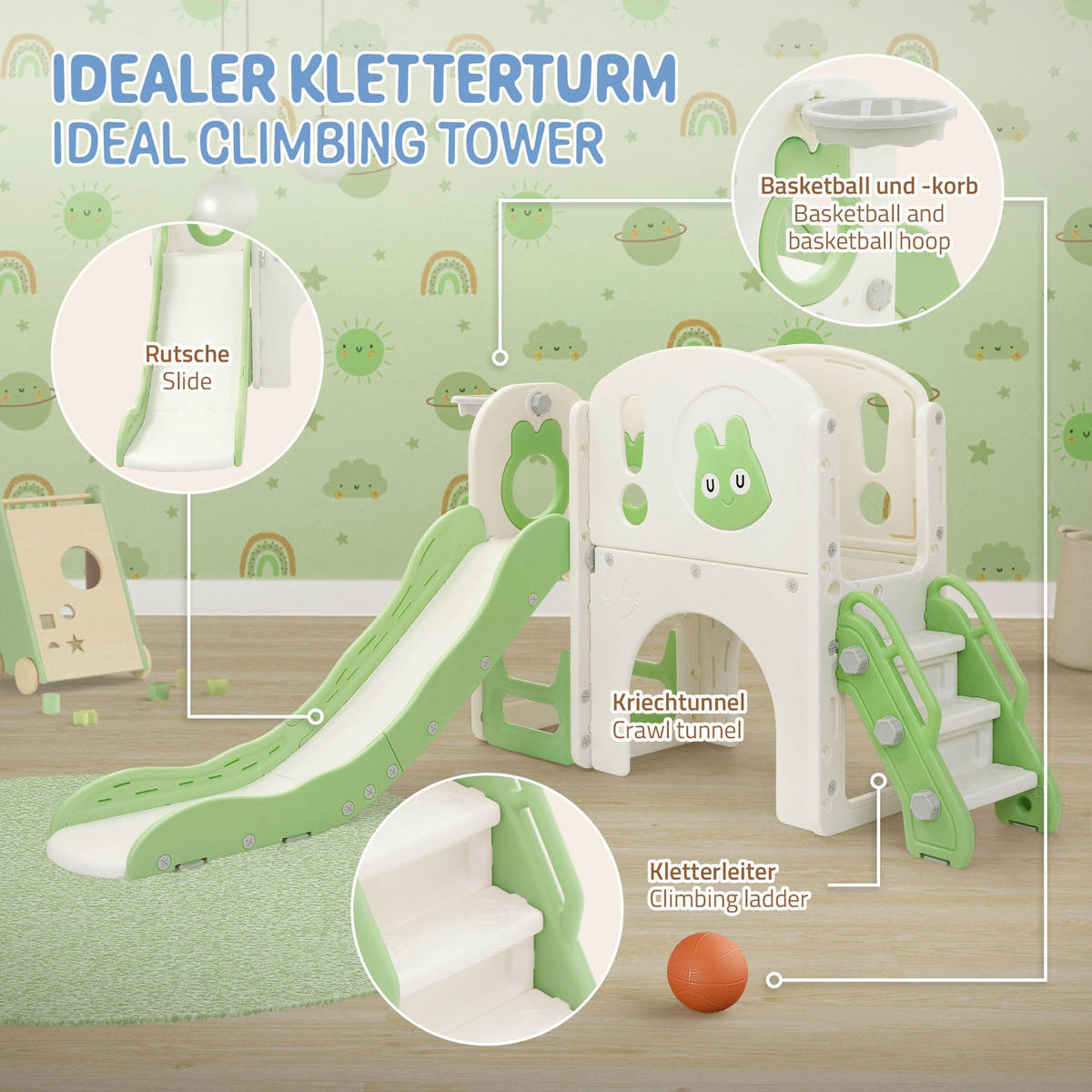 DĚTSKÁ skluzavka s herní věží a basketbalovým košem, světle zelená, z plastu - zelená barva, plast (134.5/94.5/162cm) - Joyz
