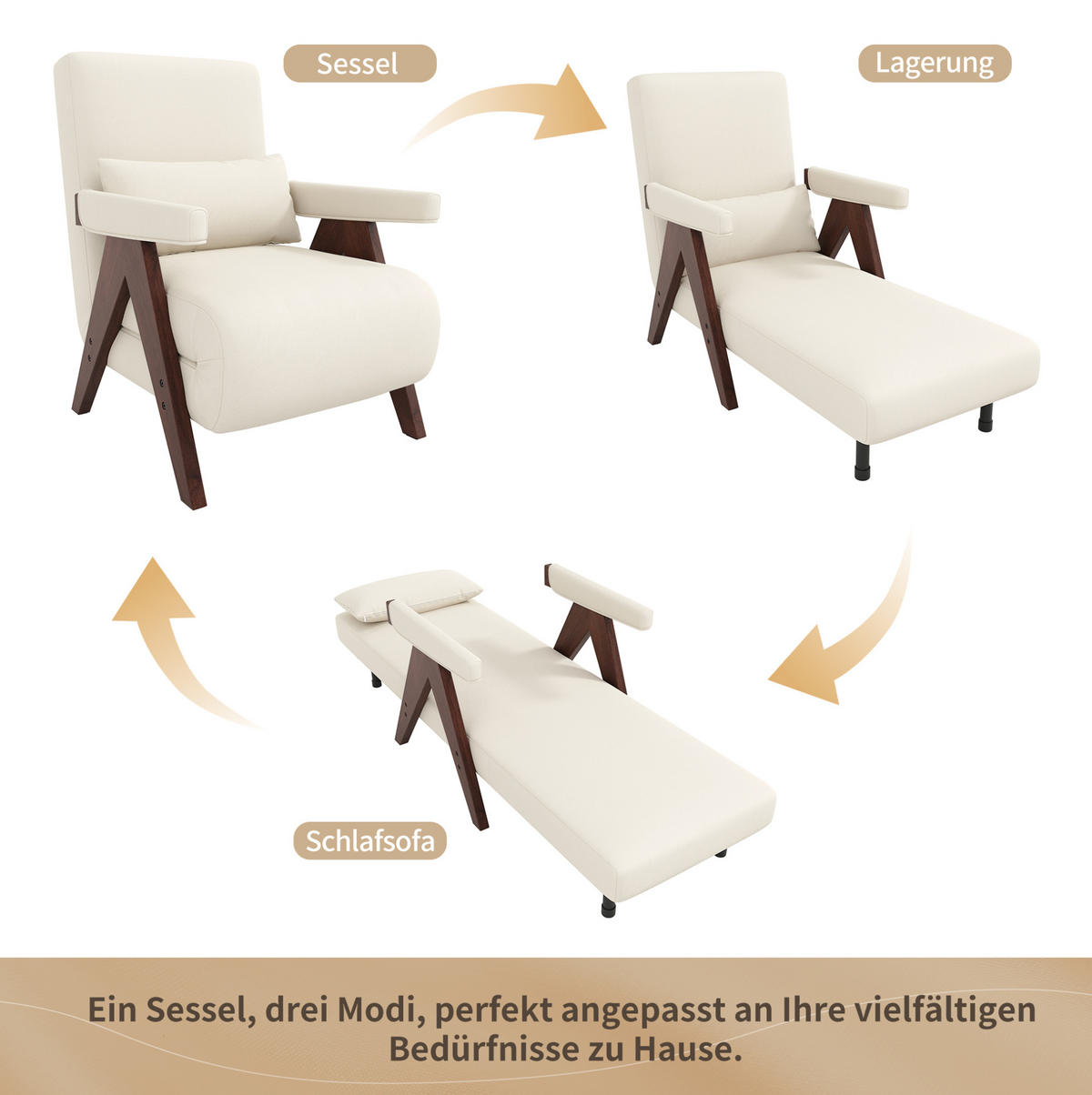 KLAPPSESSEL Leinenstoff 3-in-1 mit 6-fach verstellbarer Rückenlehne 87/64/60 cm Dunkelbraun - Dunkelbraun, Textil (87/64/60cm) - Redom