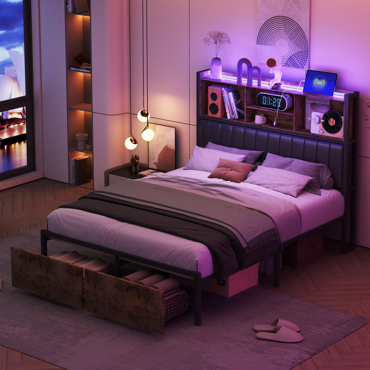 POLSTERBETT 160x200 cm LED USB Stauraum Lattenrost PU Kopfteil schwarz - Schwarz, Holz (160/200cm) - LEBENLANG