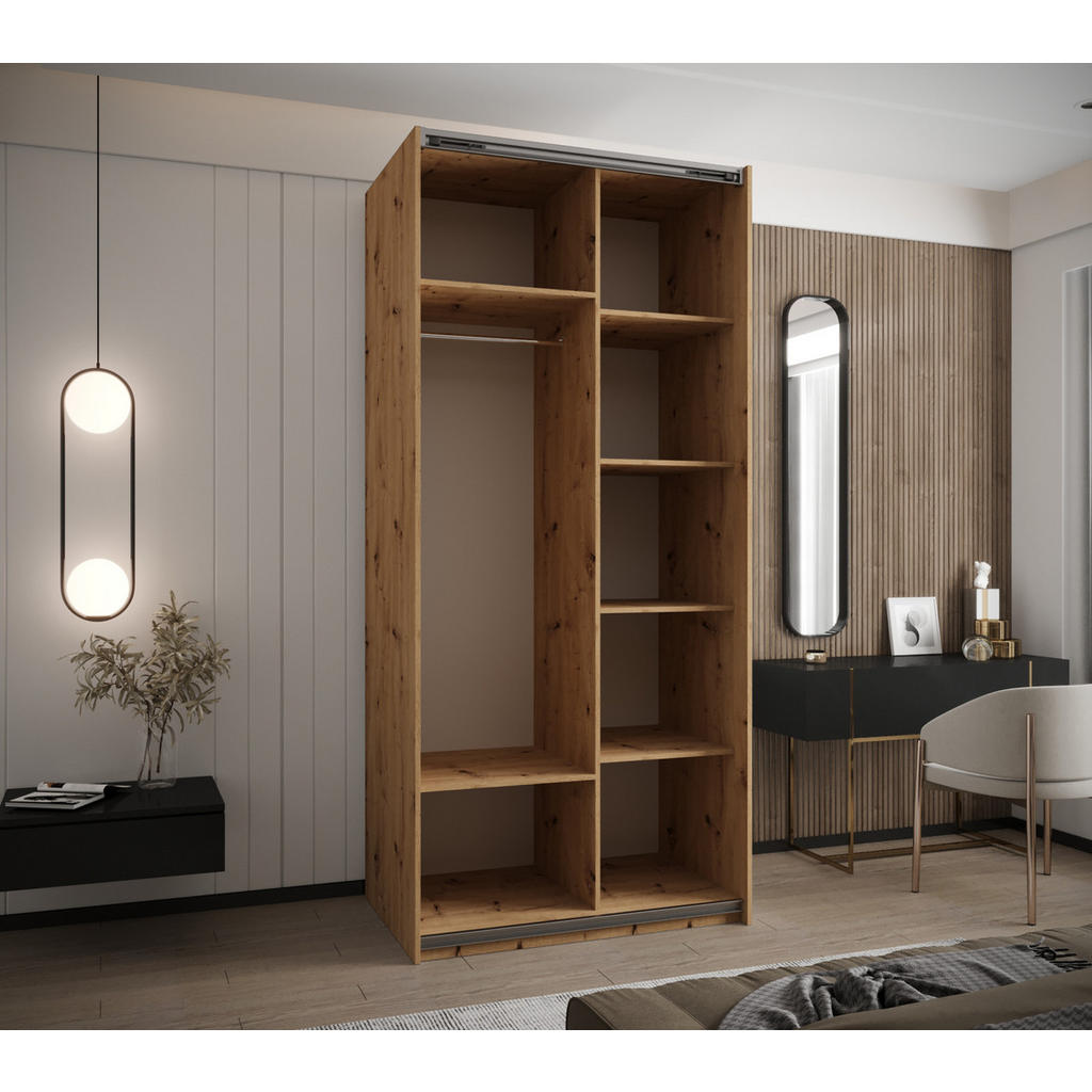 Thumbnail - Abiks Möbel Schwebetürenschrank, Eiche Artisan, Schwarz, Schwarz, Metall, Nachbildung, 6 Fächer, 100x245x64 cm, Schlafzi...