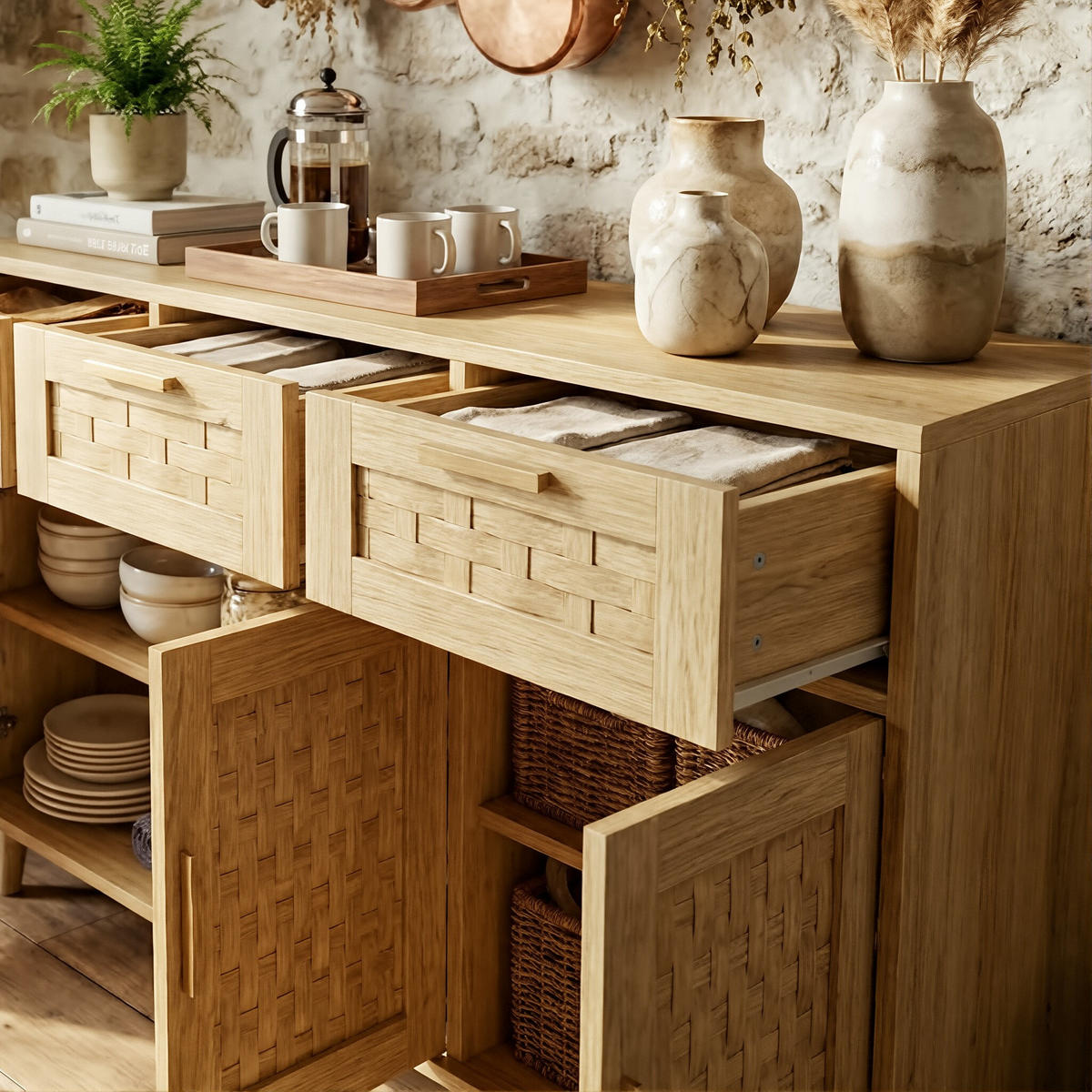 SIDEBOARD Japandi mit 3 Türen & 3 Schubladen 108/40/80 cm Eiche-Dekor - Eichefarben, Holzwerkstoff (107.9/80/40cm) - Creahappy