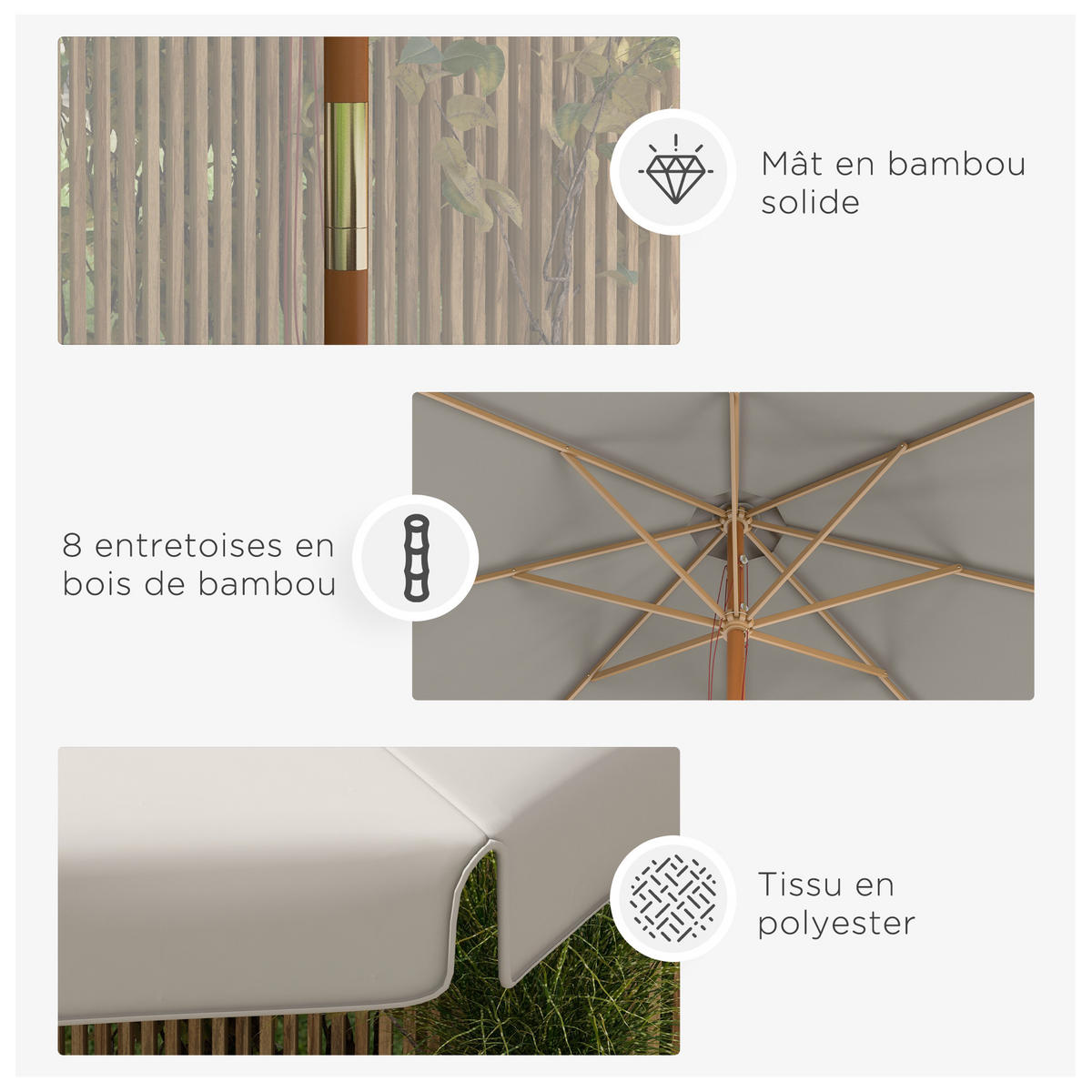 SONNENSCHIRM DE-11420 rund, Bambus, Ø 3 m Grau - Grau, Textil (325/325cm) - ComfortXL