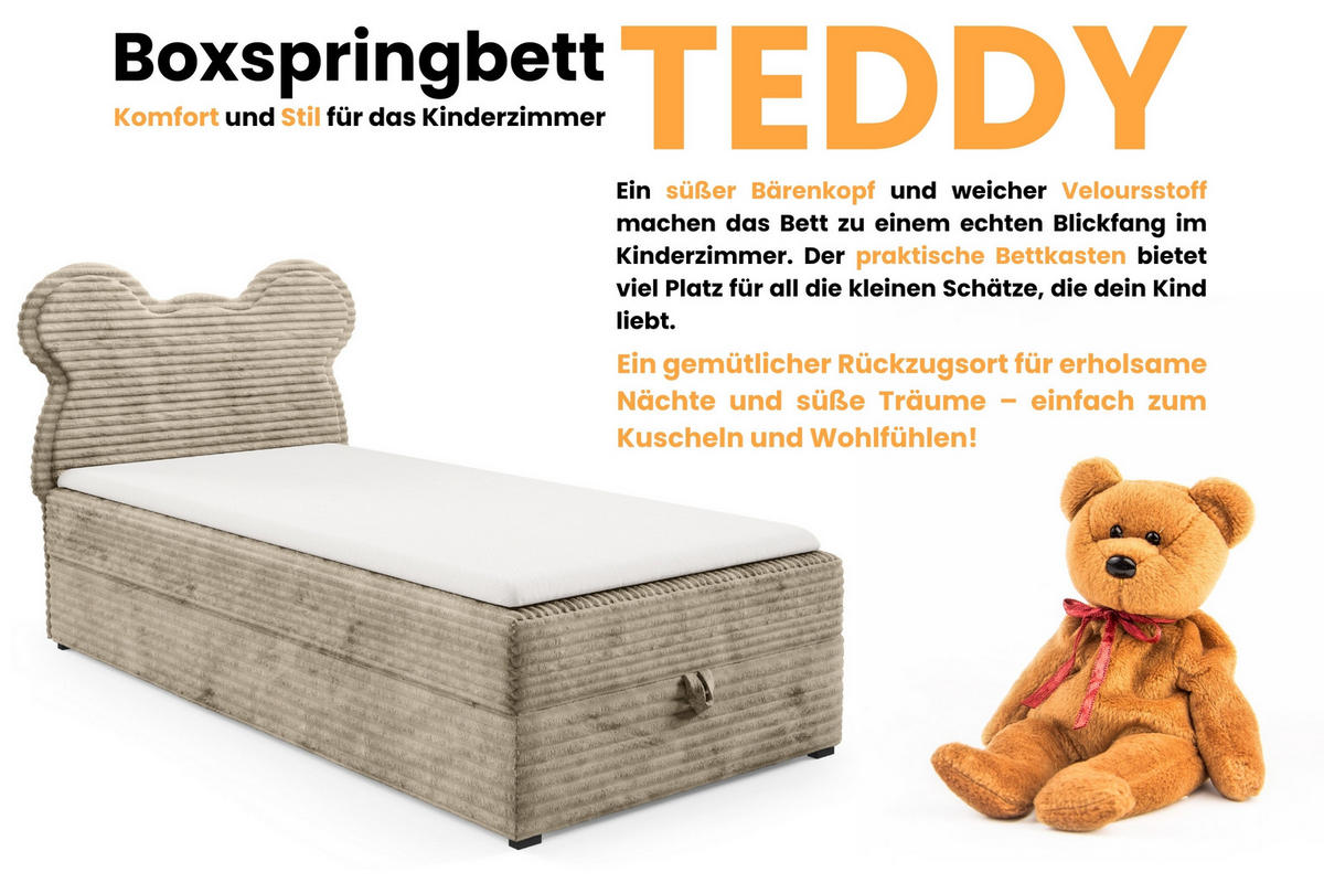 BOXBETT TEDDY 90/200 Cord-Samt Beige H4 - Beige, Holz/Holzwerkstoff (90/200cm) - Deine Möbel 24