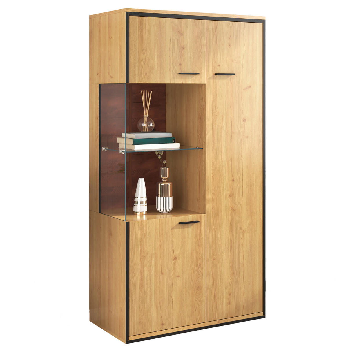 VITRINE 40/77,5/150 cm naturfarben aus MDF mit Glastür und LED - Naturfarben, Holzwerkstoff (77.5/150/40cm) - OKWISH