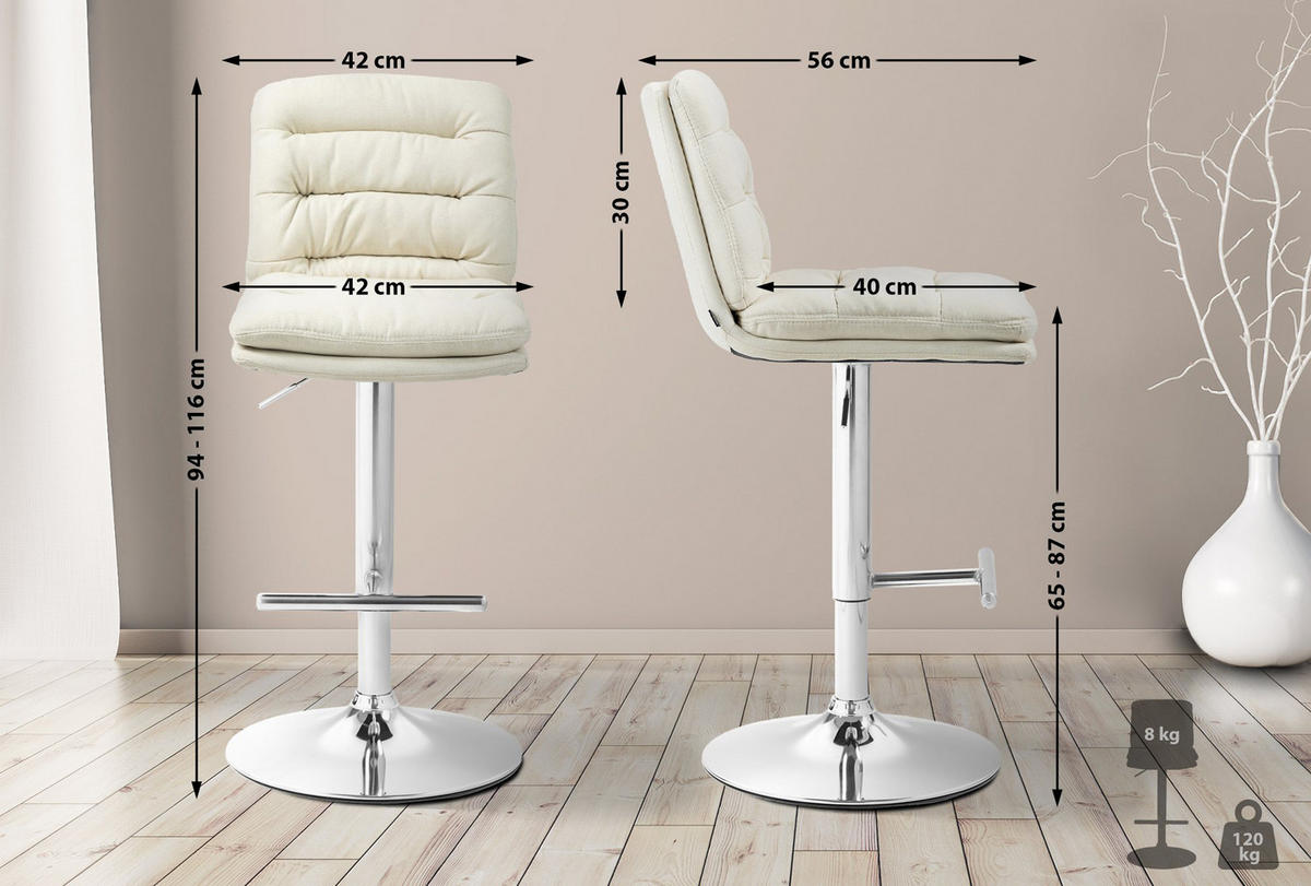 BARHOCKER 2er Set Diamant Stoff chrom creme - Chromfarben/Naturfarben, Textil/Metall (42/116/56cm) - TPFLiving