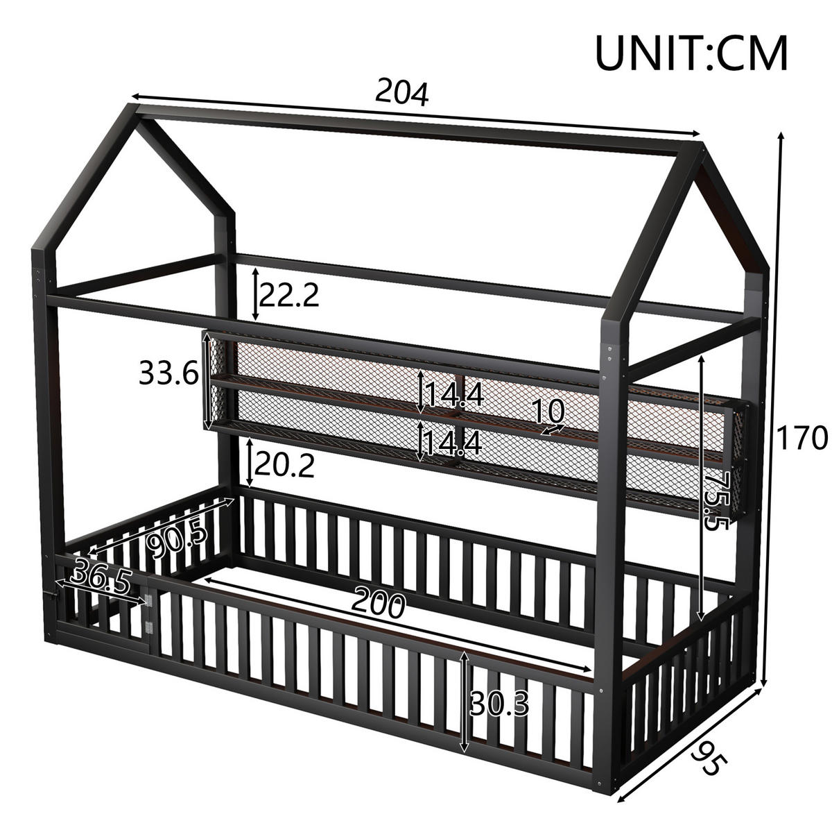 KINDERBETT 90/200 cm aus Metall mit Sicherheitszaun und LED-Beleuchtung, Schwarz - Schwarz, Metall (90/200cm) - Flora Grace