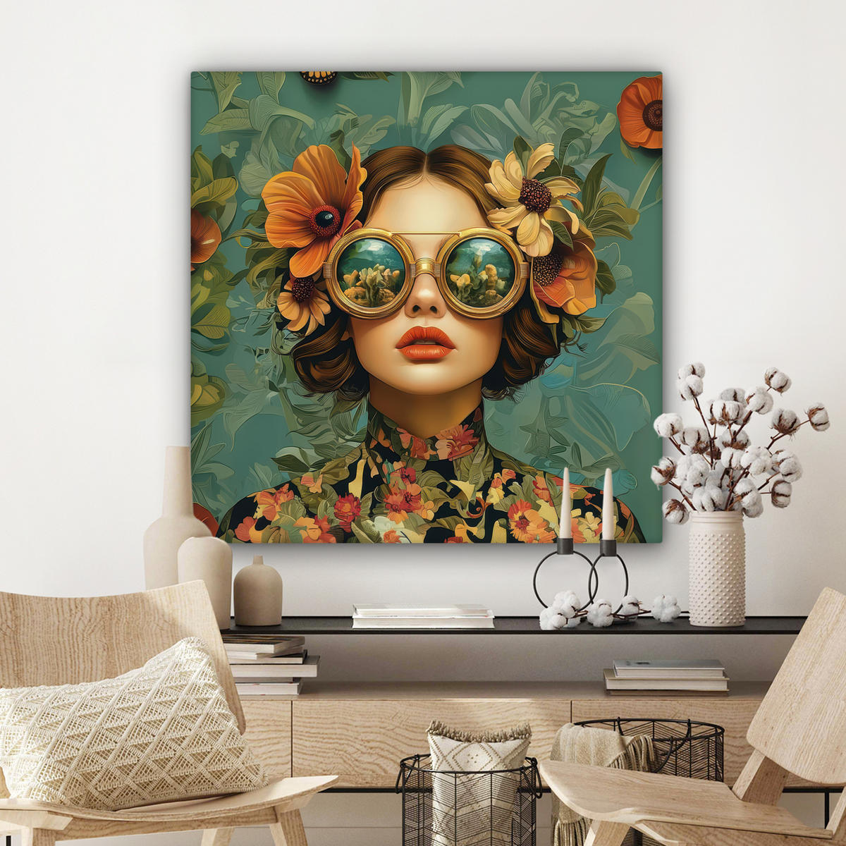 LEINWANDBILD Frau - Blumen - Schmetterlinge - Natur - Vintage Deko Groß 90x90 cm - Salbeigrün, Textil (90/90cm) - MuchoWow