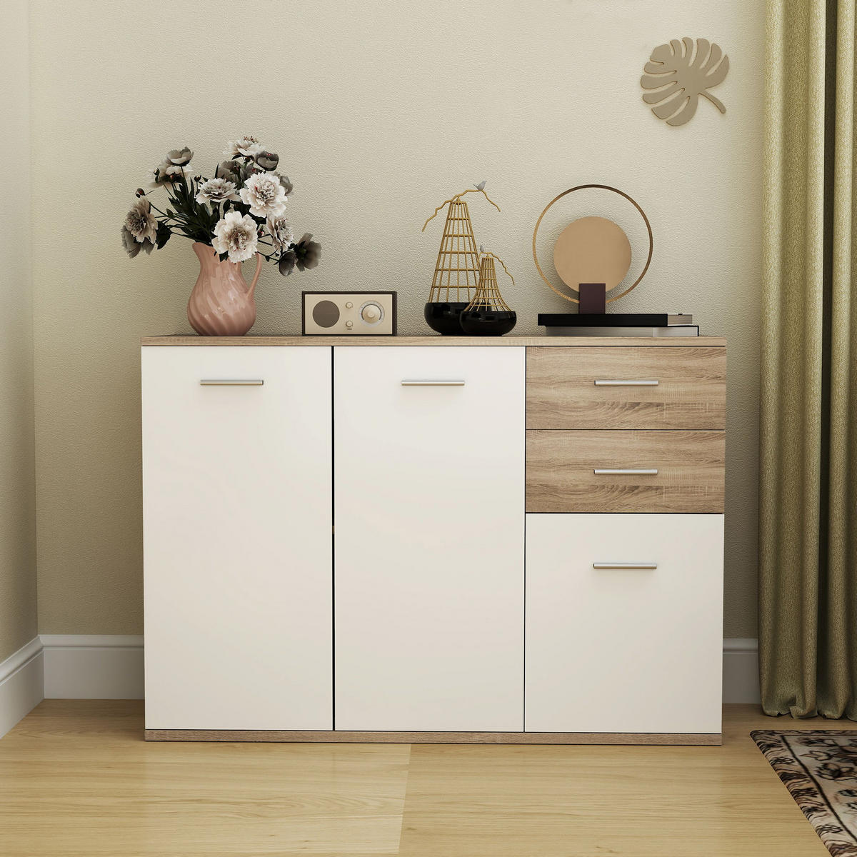 SIDEBOARD DE-11278 2 Schubladen, 3 Türen Weiß/Naturholz - Naturfarben, Holzwerkstoff (106/76/35cm) - ComfortXL