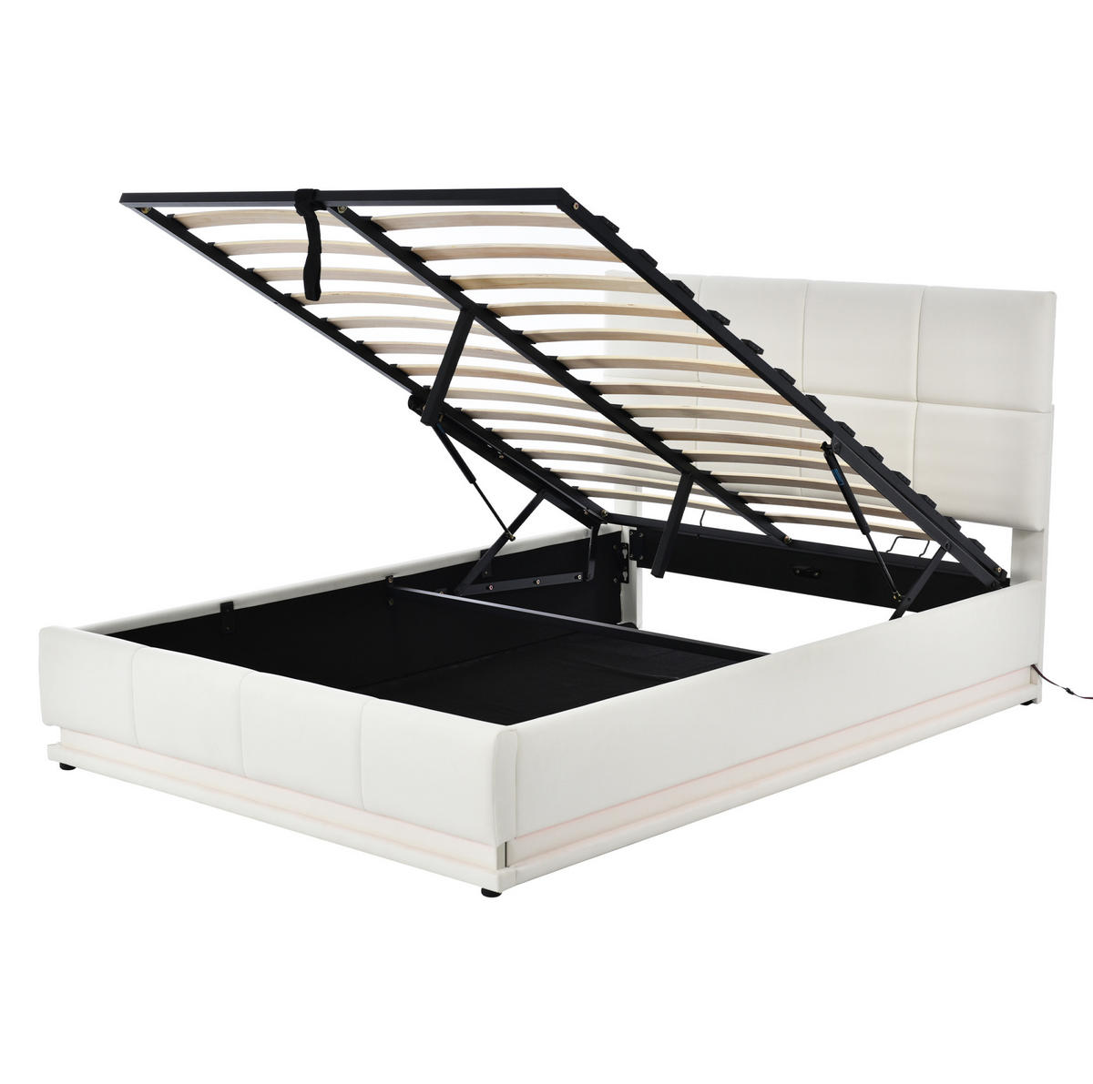 POLSTERBETT 140/200 cm Weiß mit LED-Beleuchtung und hydraulischem Bettkasten - Weiß, Textil (140/200cm) - OKWISH