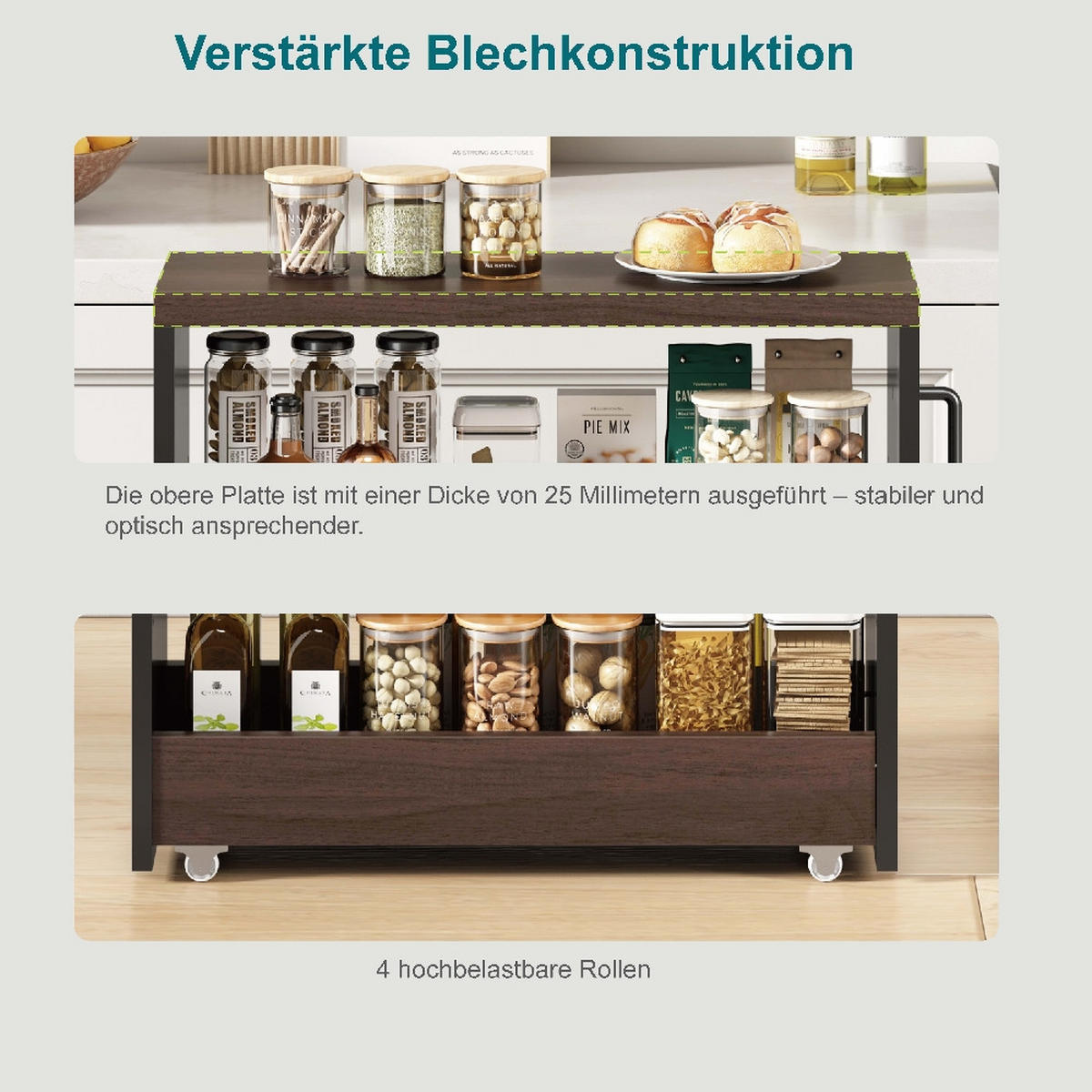 KÜCHENSCHRANK auf Rollen 12cm schmal Schwarz Braun Holzoptik 55/12/85 cm - Schwarz, Kunststoff (12/85/55cm) - Rolipo
