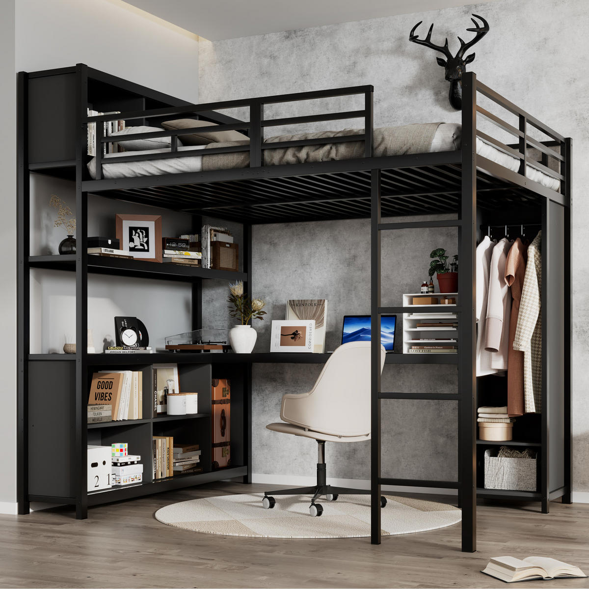 HOCHBETT 140/200 cm Schwarz aus Eisen und Spanplatte mit Schreibtisch und Kleiderschrank - Schwarz, Metall (90/200cm) - OKMYHOME