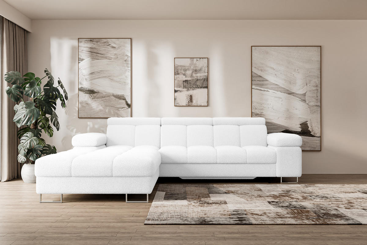 ECKSOFA mit Schlaffunktion Ottomane Links COMA L 271x203x79 Weiß Bouclé - Weiß, Holzwerkstoff/Textil (271/203cm) - ALTDECOR