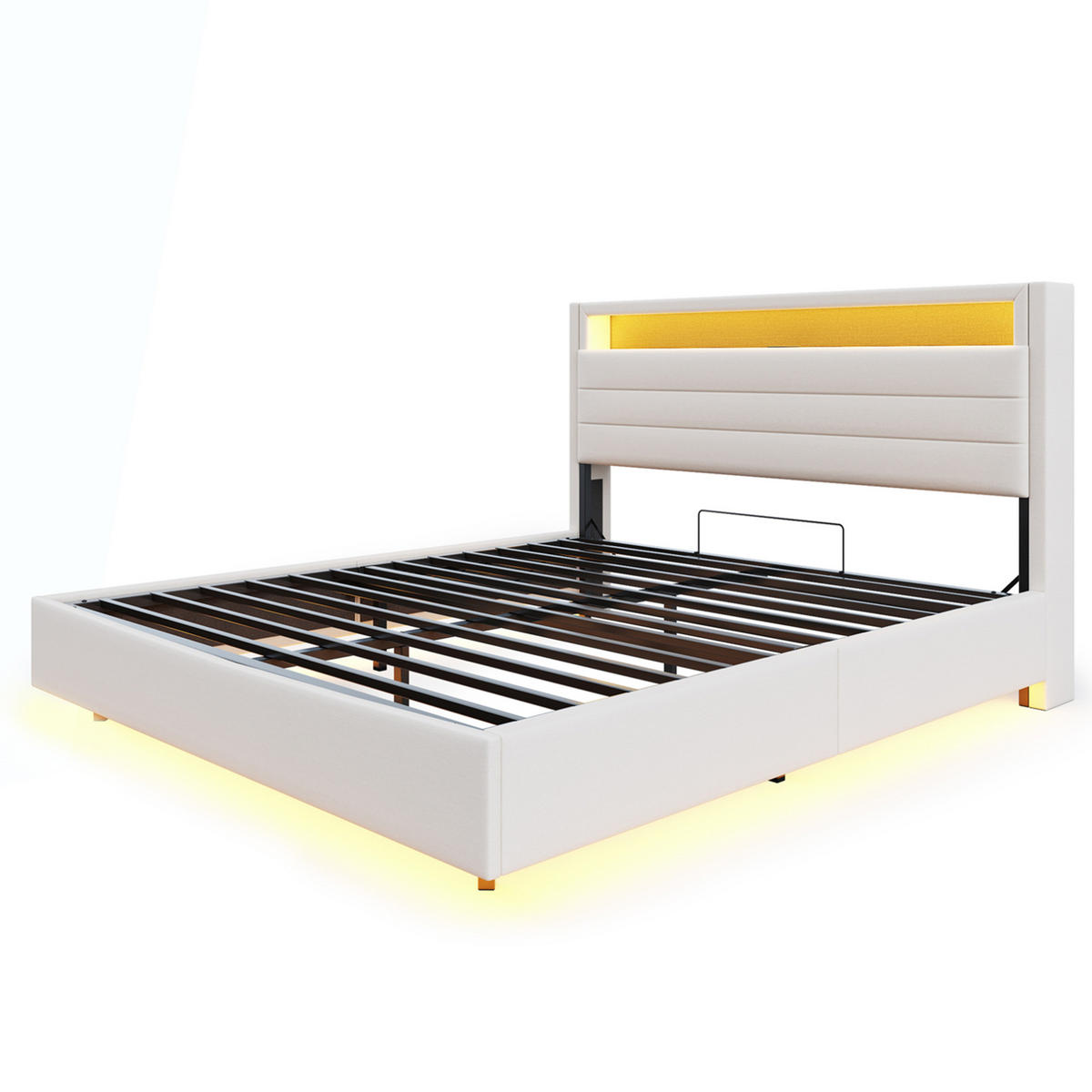 POLSTERBETT 140/200 cm mit LED-Beleuchtung, USB-Anschluss, drehbarem Kopfteil und Bettkasten, Beige - Beige, Textil (140/200cm) - Redom