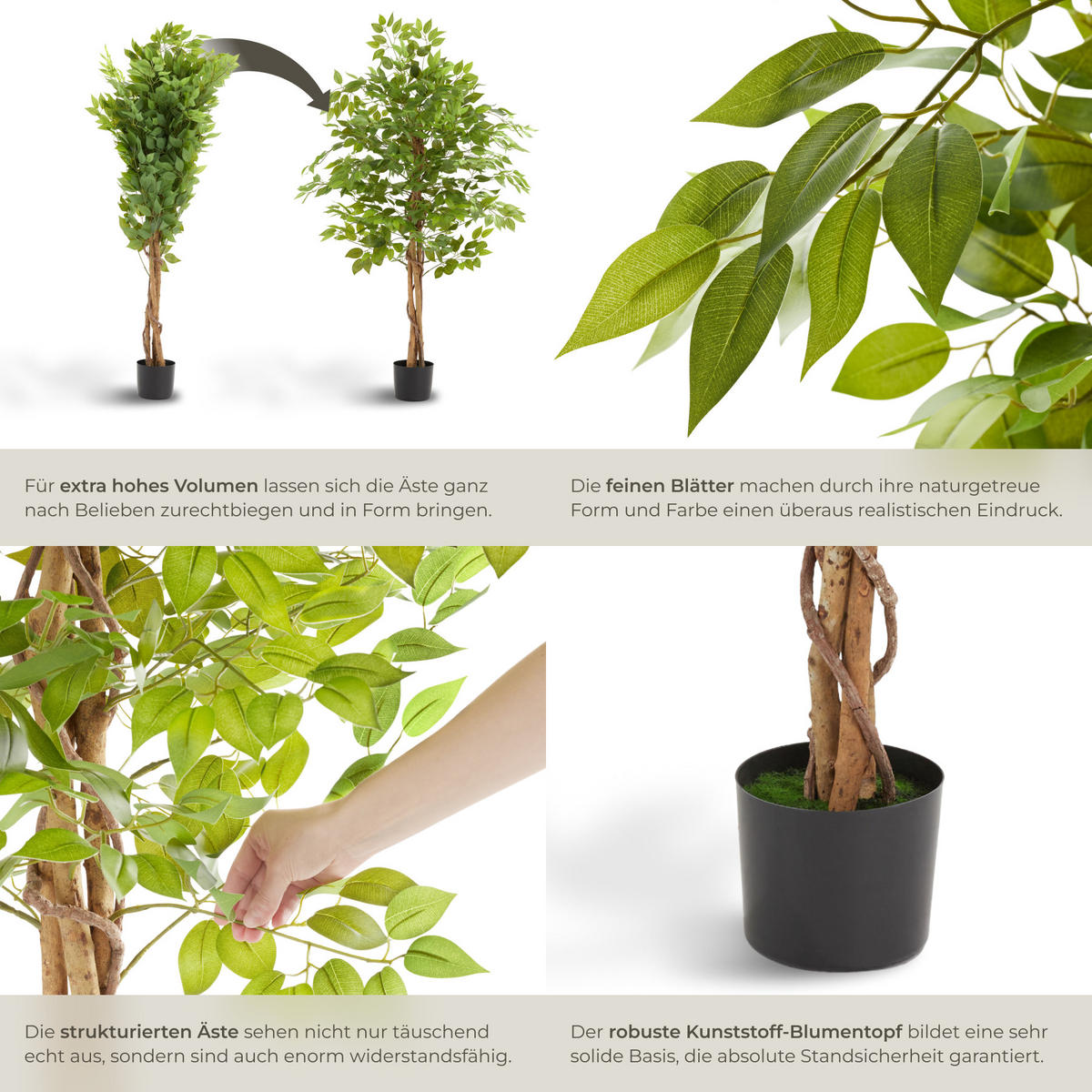 KÜNSTLICHER-FICUSBAUM Fida,stabiler Kunststoff-Blumentopf,grün - Grün, Kunststoff (160cm) - tectake