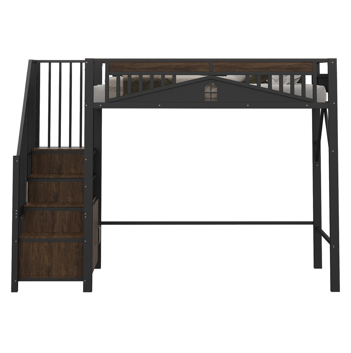 VYSOKÁ postel 255/95/170 cm černá s úložnými schody z kovu a dřeva - černá, kov (90/200cm) - OKWISH