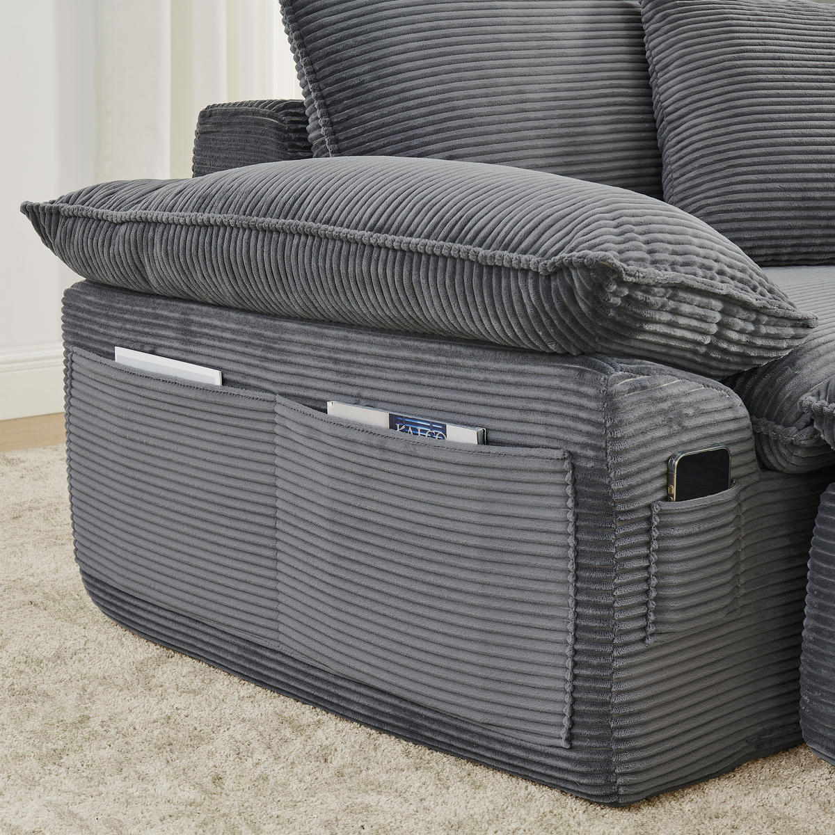 SITZGARNITUR DE-35051 3-Sitzer mit Taschen Hellgrau - Hellgrau, Textil (206/65/156cm) - ComfortXL
