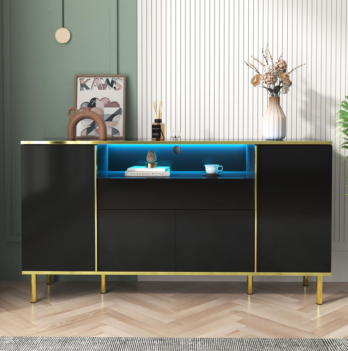 SIDEBOARD 150/40/80 cm in Schwarz Hochglanz mit 4 Türen, Schublade und LED - Schwarz, Holzwerkstoff (150/80/40cm) - Flora Grace