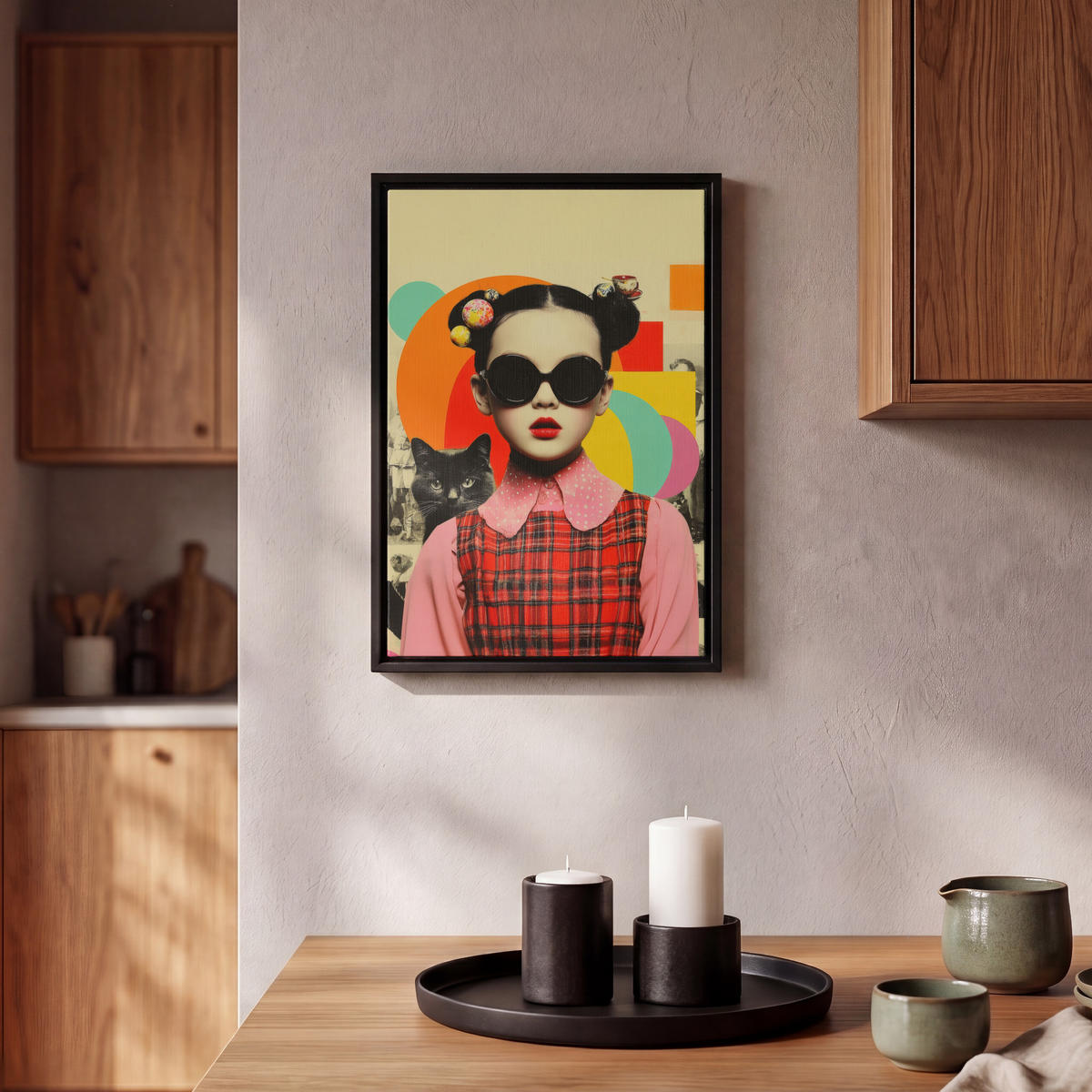 LEINWAND Bilder mit Rahmen - Mädchen - Sonnenbrille - Katze - Retro - 20x30 - Beige, Textil (20/30cm) - MuchoWow