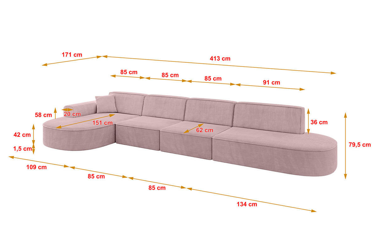 ECKSOFA Ottomane Links MARI-L3 - 413x171x79 cm Rosa Cord - Schwarz/Rosa, Holzwerkstoff/Kunststoff (165/406cm) - ALTDECOR