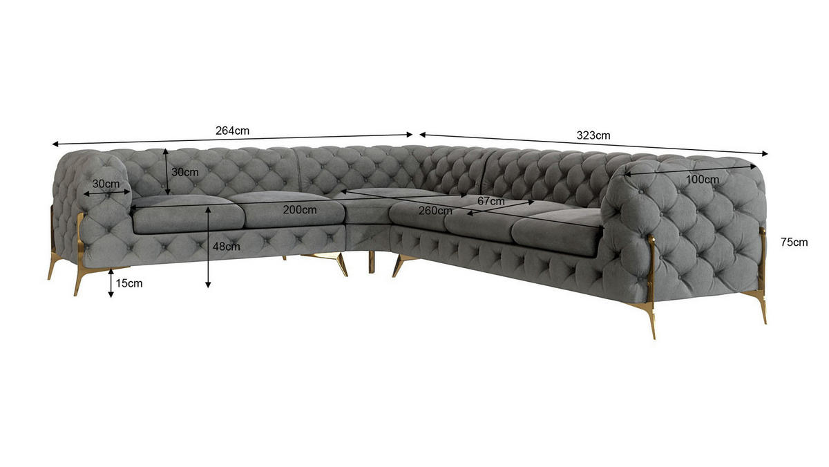 ECKSOFA Chesterfield Lexi Grau Samt, langer Schenkel rechts - Goldfarben/Grau, Holz/Textil (323/264cm) - S-Style Möbel