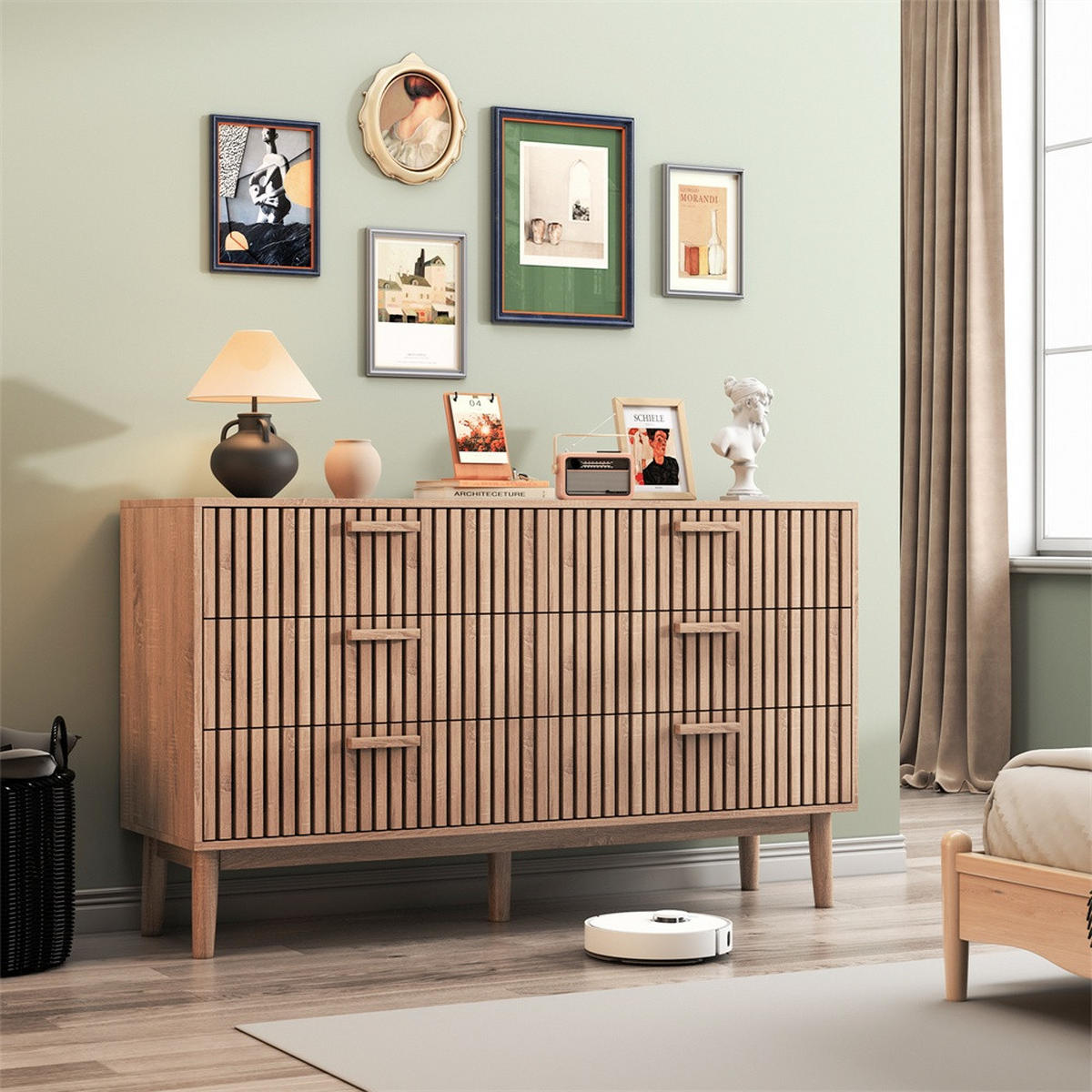 KOMMODE mit 6 Schubladen - gerillte Fronten und konische Beine - für Wohnzimmer und Schlafzimmer - Eichefarben, Holzwerkstoff (100/73/34cm) - DELFA