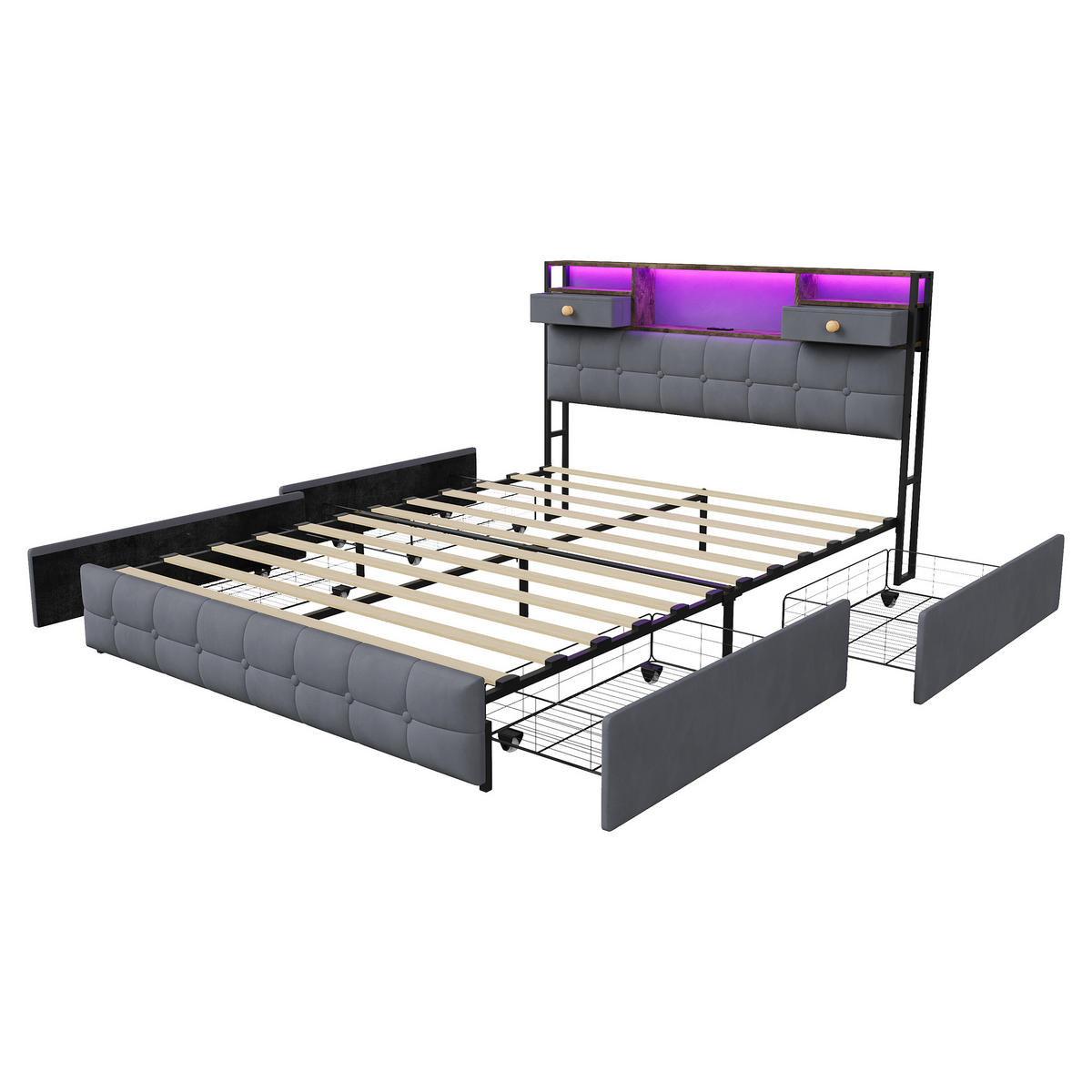 POLSTERBETT 140x200 cm mit LED, USB & 4 Schubladen, Grau - Grau, Metall (140/200cm) - EuroLiving