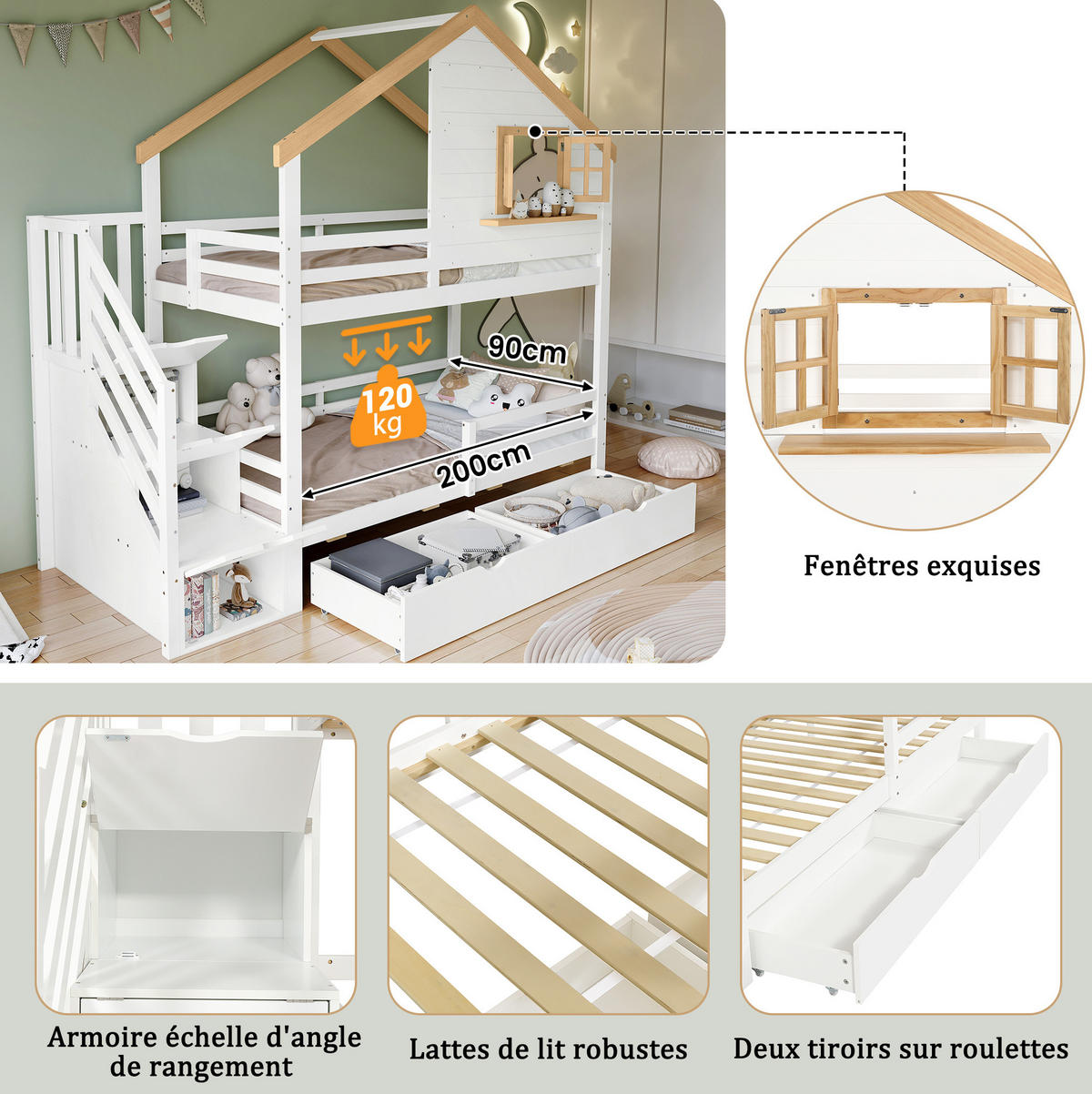 ETAGENBETT Weiß/Natur 90/200 cm mit Treppe und Stauraum - Weiß, Holz (90/200cm) - MIVRAY