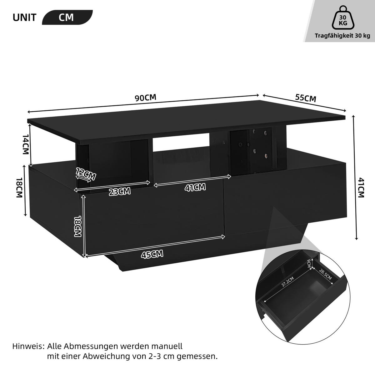 COUCHTISCH 90/55 cm mit LED-Beleuchtung und 2 Schubladen in Schwarz - Schwarz, Holzwerkstoff (90/55/41cm) - BEAOK