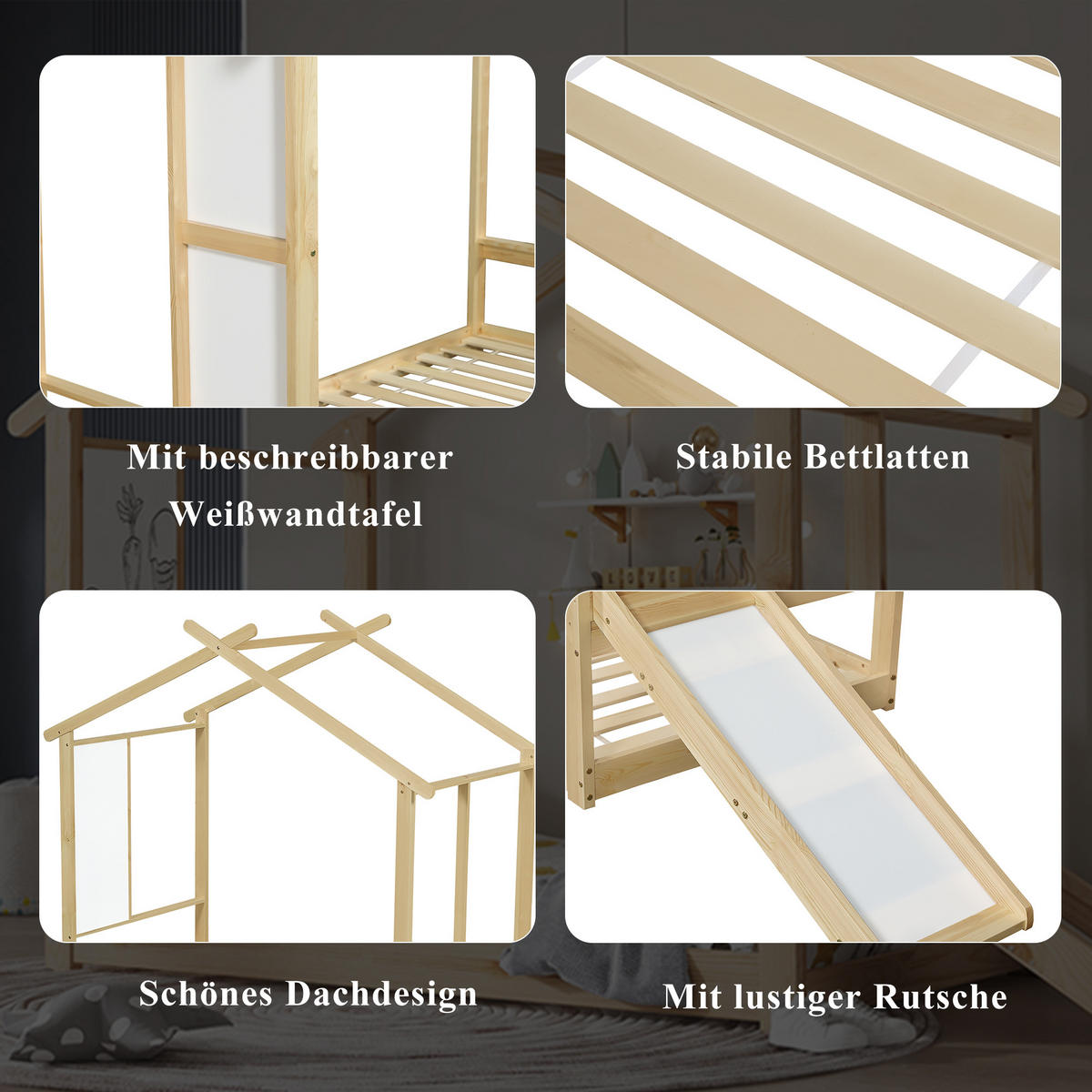 KINDERBETT 90/200 cm Natur mit Rutsche und beschreibbarer Weißwandtafel aus Kiefer und MDF - Naturfarben, Holz (90/200cm) - OKWISH