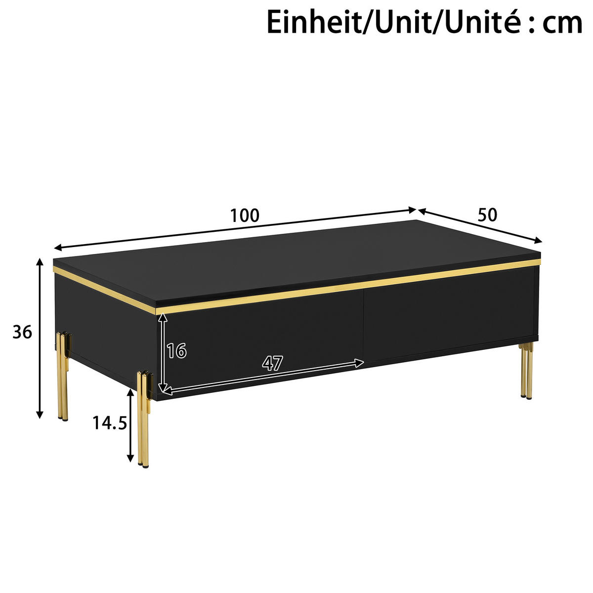 COUCHTISCH 100/50/36 cm mit doppelseitigen Schubladen, Hochglanz-Oberfläche und Metallbeinen, Schwarz - Schwarz, Holzwerkstoff (100/50/36cm) - Redom