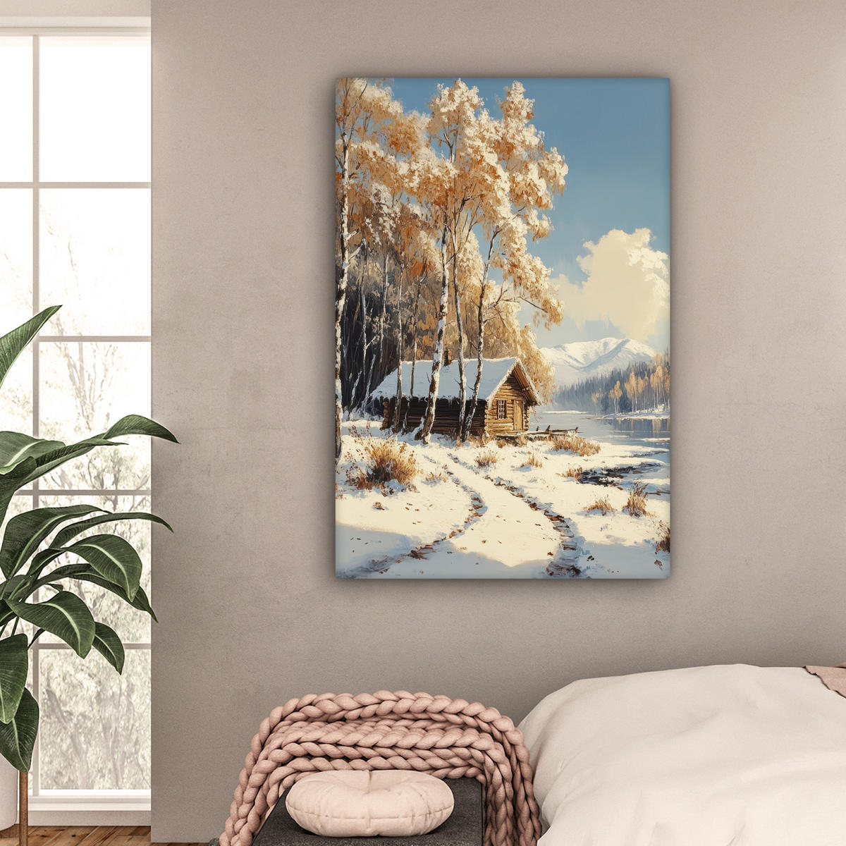 LEINWANDBILD Winter - Schnee - Zuhause - Natur 90x140 cm - Hellbraun, Textil (90/140cm) - MuchoWow
