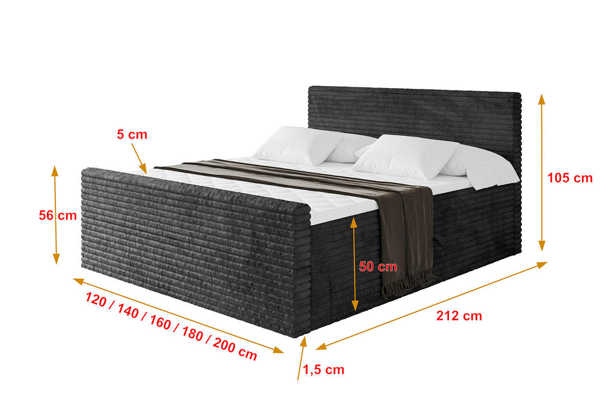 BOXBETT mit Matratze H4 und Lattenrost - TOLO-Z-v1 - 120x200 Cord - Schwarz - Schwarz, Holzwerkstoff (120/200cm)