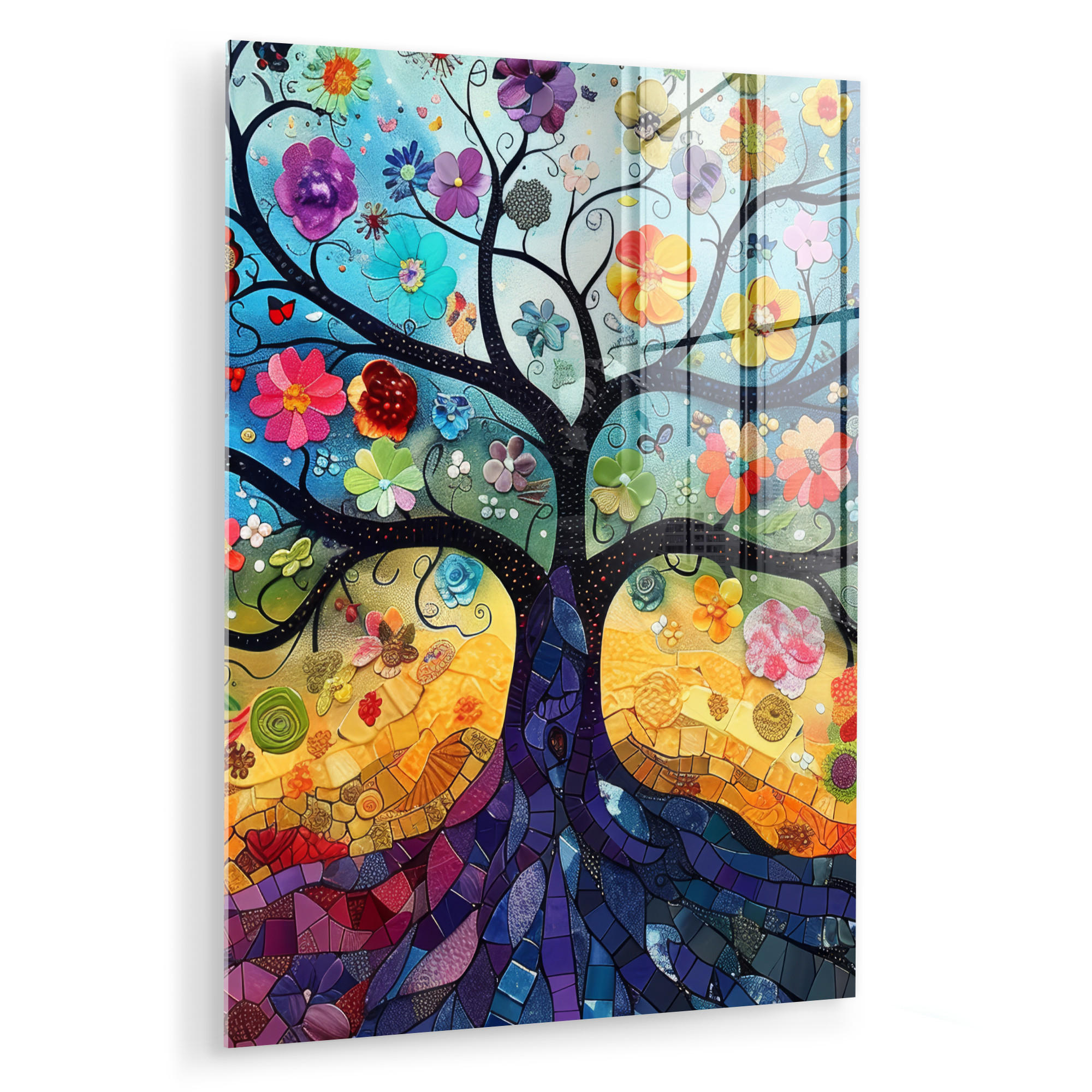 OBRAZ NA AKRYLOVOM SKLE Umenie - Strom života - Kvety - Hippie 60x80 cm - tmavomodrá, sklo (60/80cm) - MuchoWow