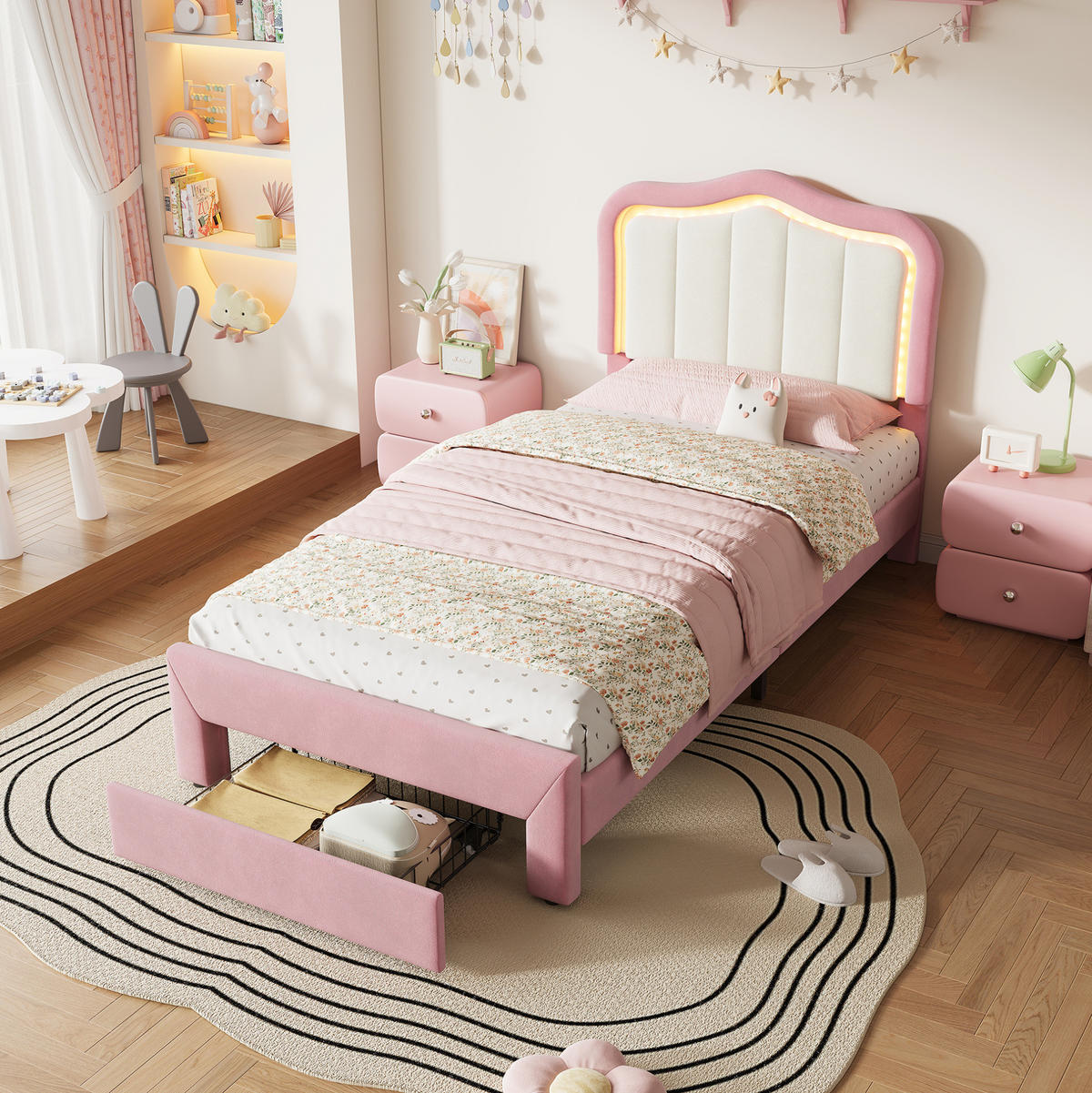 KINDER-POLSTERBETT aus Samt 90x200 cm Rosa mit Schublade und app-gesteuerter LED-Beleuchtung - Pink, Textil (90/200cm) - Modfu