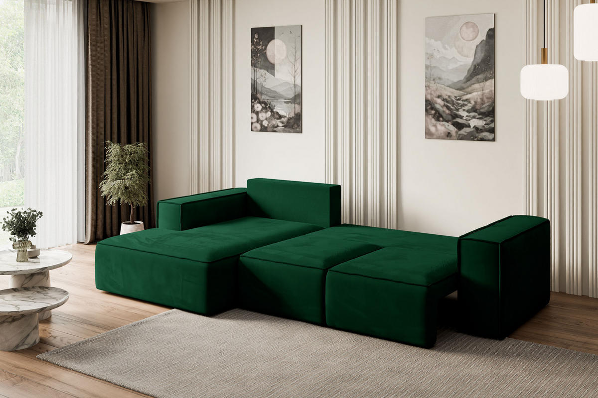 ECKSOFA mit Schlaffunktion und Bettkasten SERRA-L-S - 266x161x87 cm Grün Velours - Schwarz/Grün, Holzwerkstoff/Kunststoff (266/161cm) - ALTDECOR