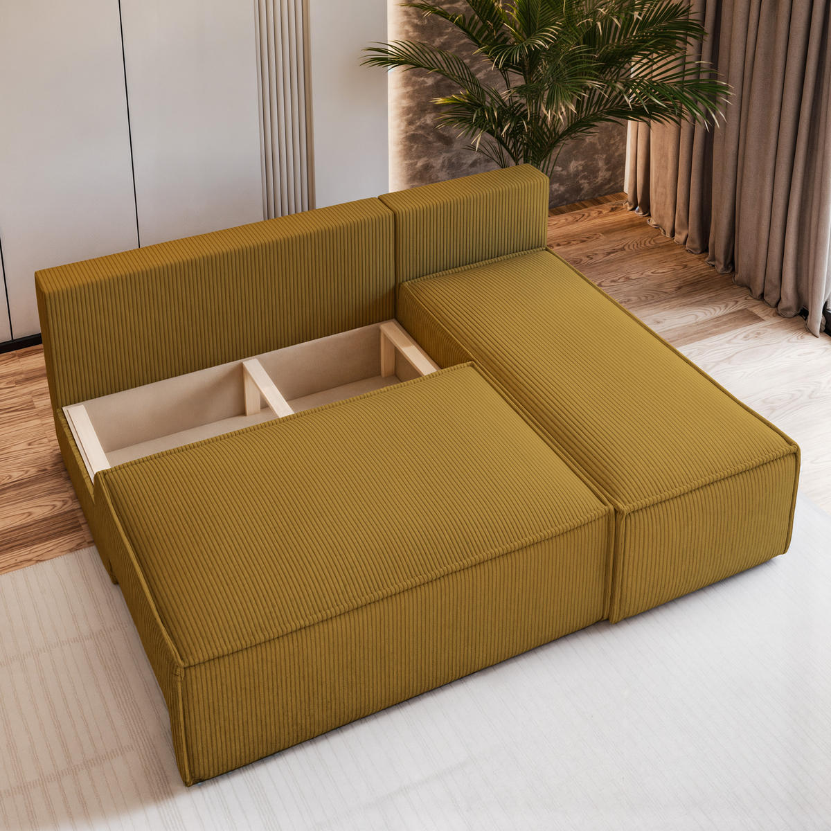 ECKSOFA BRISO P Gelb Kordstoff mit Schlaffunktion - Gelb, Holz (200/140cm) - MASSENO