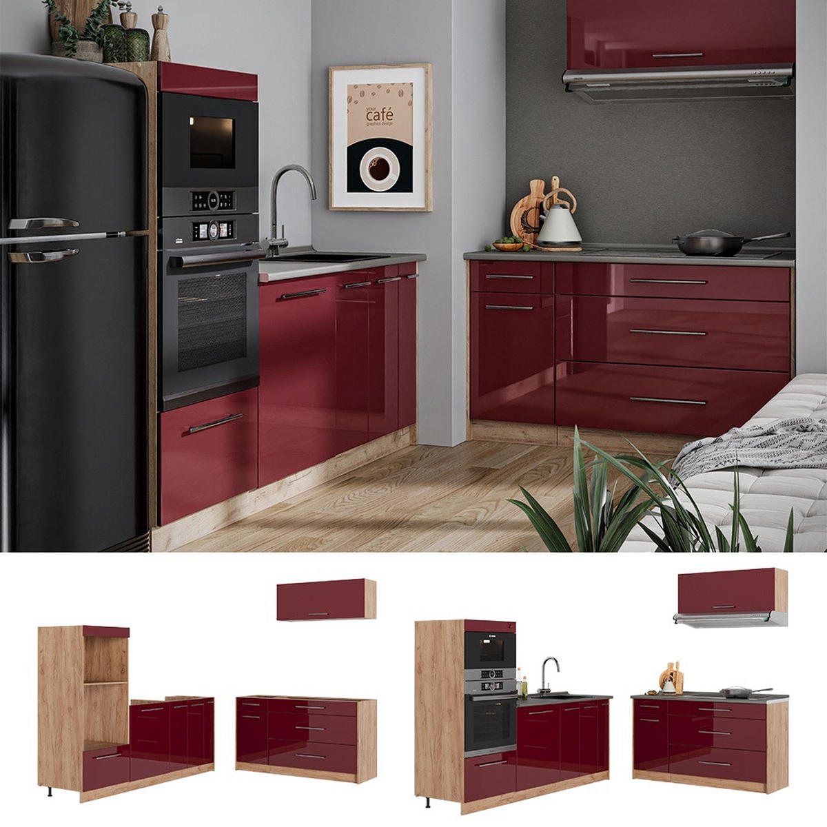 KÜCHENZEILE Fame-Line, Bordeaux Hochglanz/Goldkraft Eiche, 340 cm, AP Eiche - Honigeiche/Bordeaux, Holzwerkstoff (340/153.6/60cm) - Vicco
